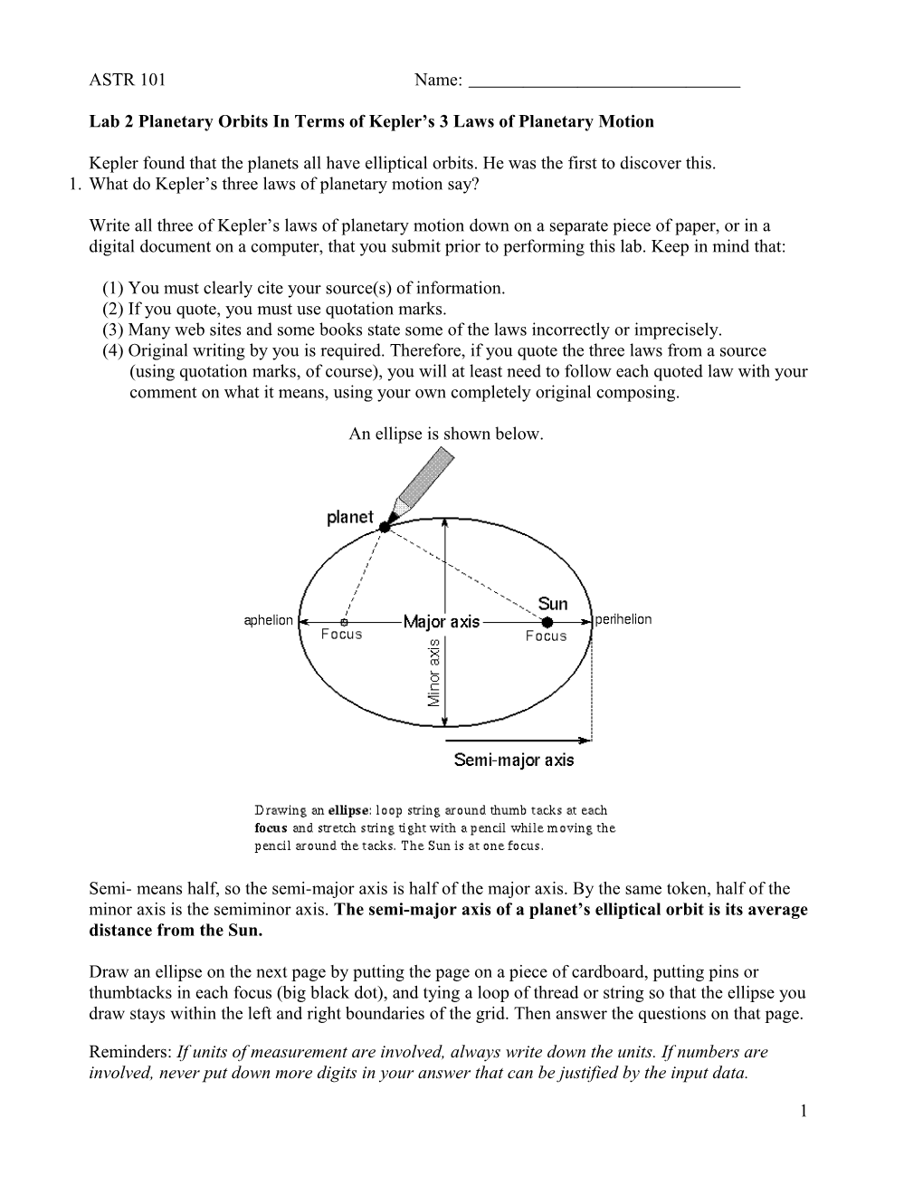 Lab 2 Planetary Orbits in Terms of Kepler S 3 Laws of Planetary Motion