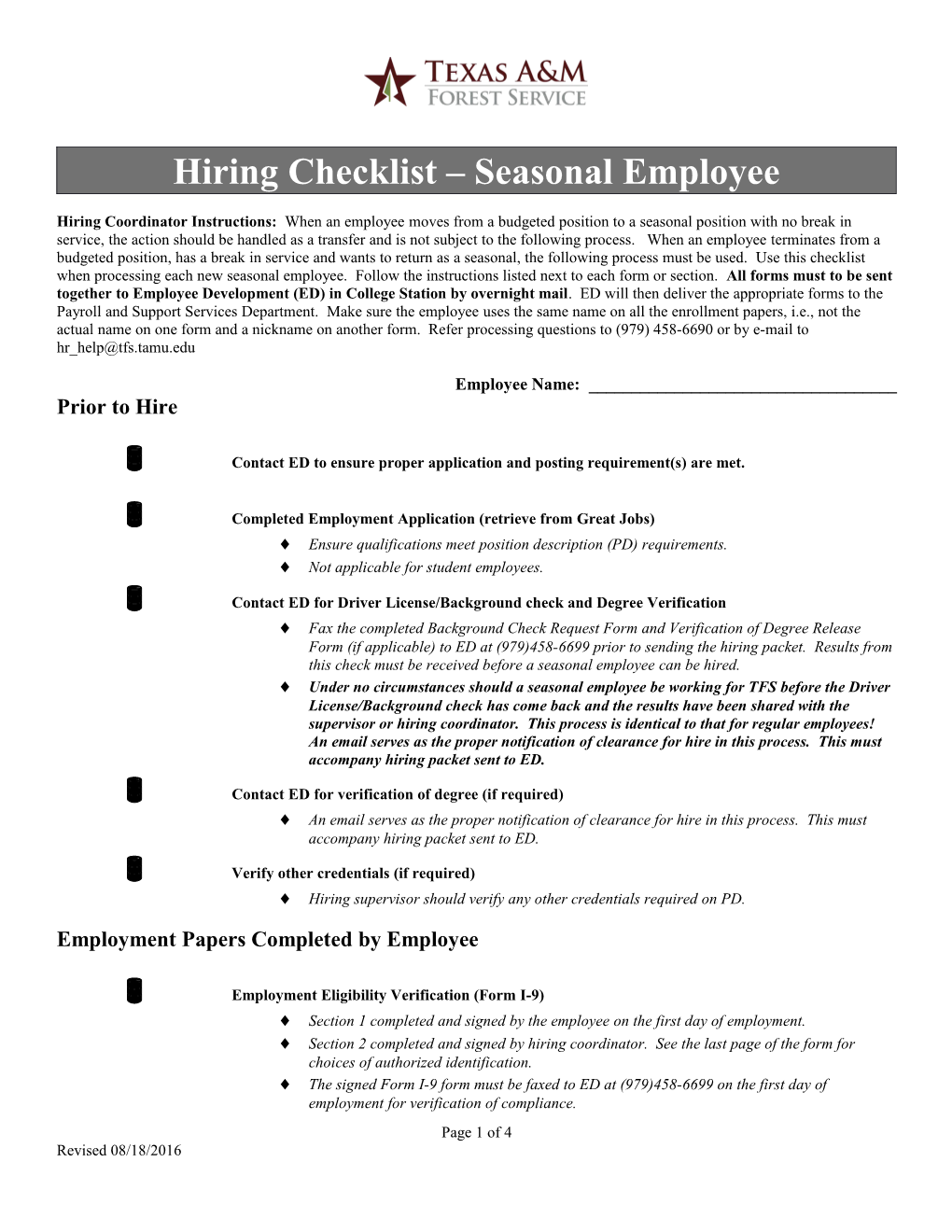 Hiring Checklist Seasonal Employee