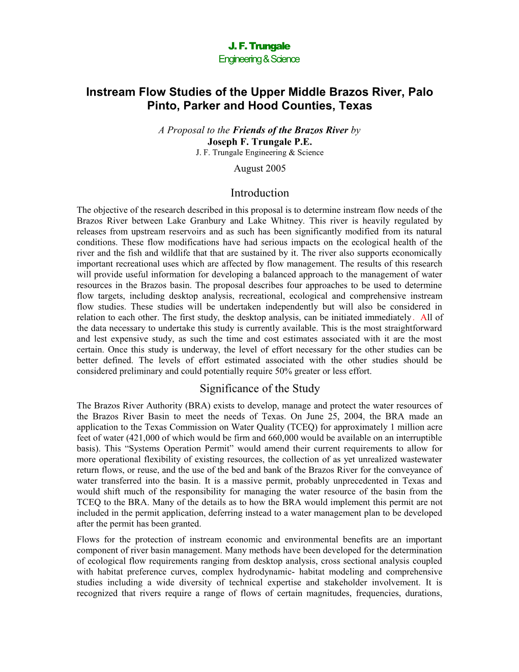 Instream Flow Studies of the Upper Middle Brazos River, Palo Pinto, Parker and Hood Counties