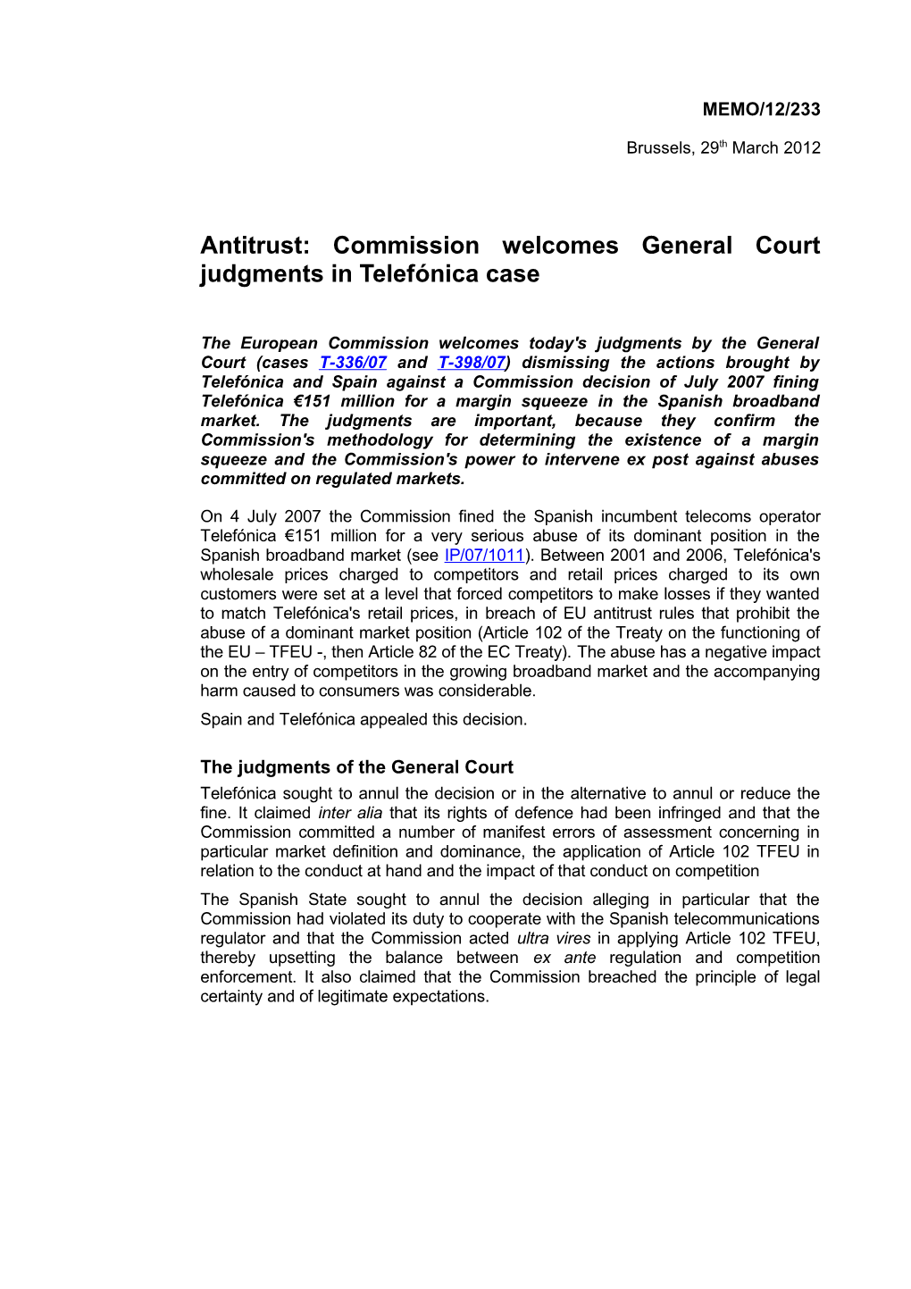 Antitrust: Commission Welcomes Generalcourt Judgments in Telefónica Case