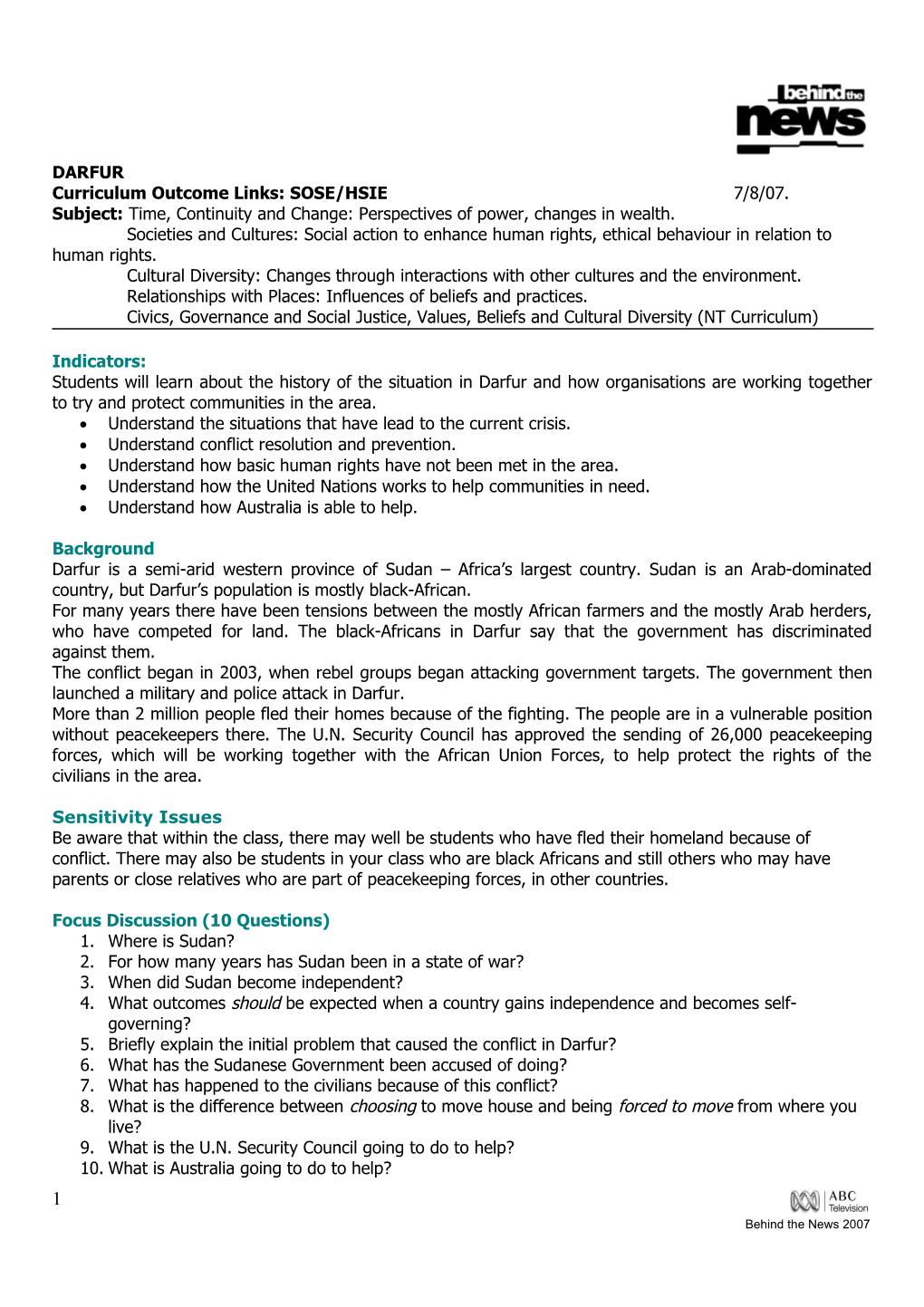 Curriculum Outcome Links: SOSE/HSIE 7/8/07