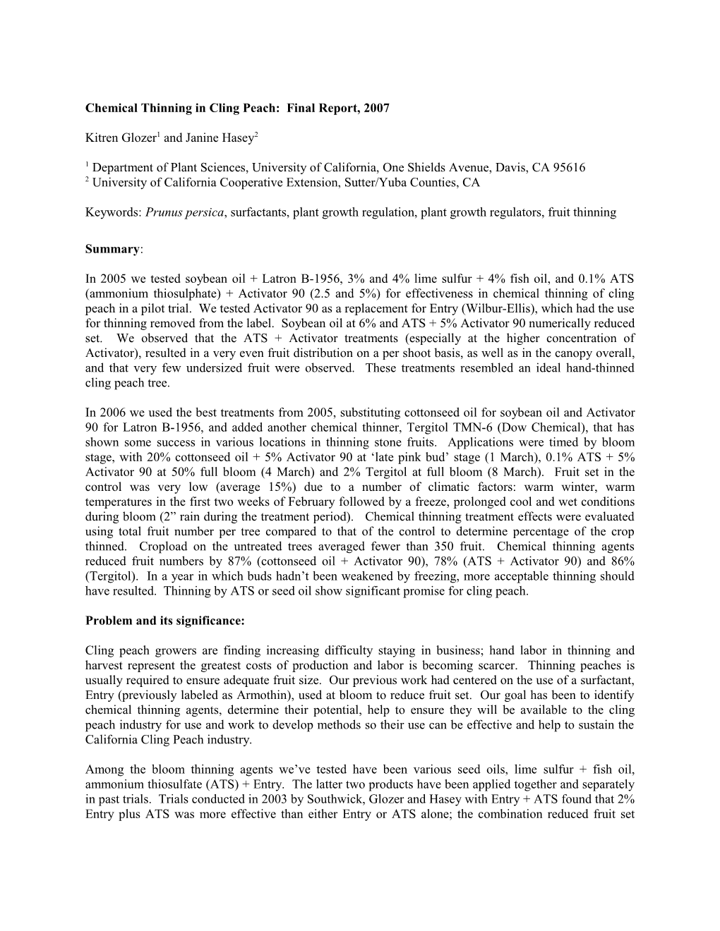 Chemical Thinning in Cling Peach: Interim Report, 2006