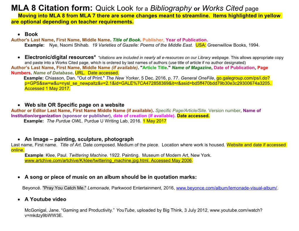 MLA Citation Form: Quick Look for a Bibliography, Or Works Cited Page