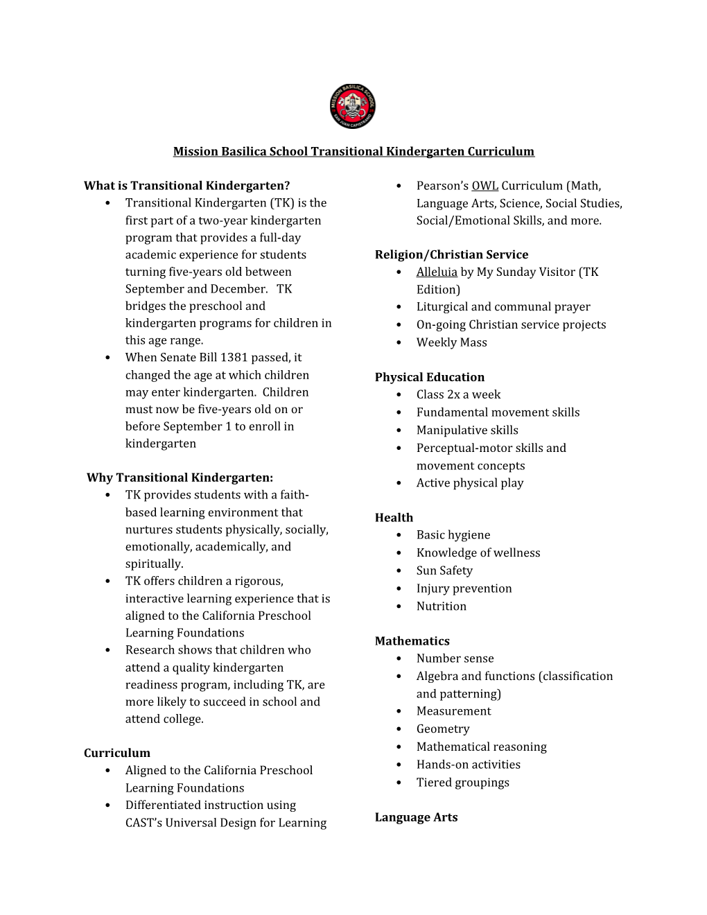 Mission Basilica School Transitional Kindergarten Curriculum