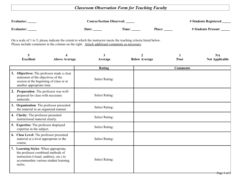 Classroom Observation Form for Teaching Faculty