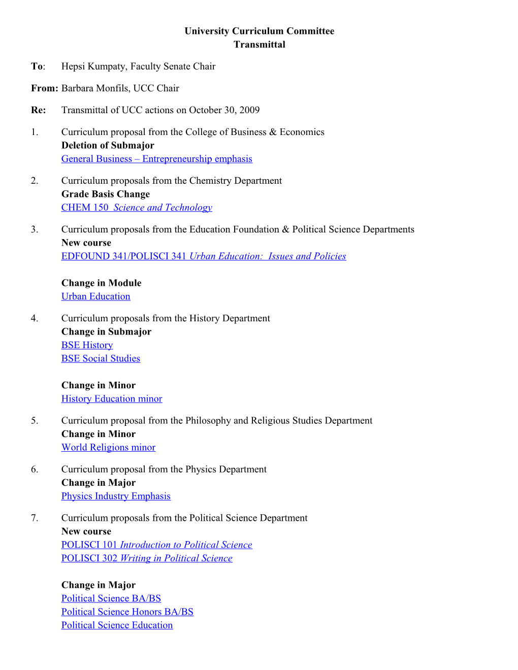 University Curriculum Committee Transmittal