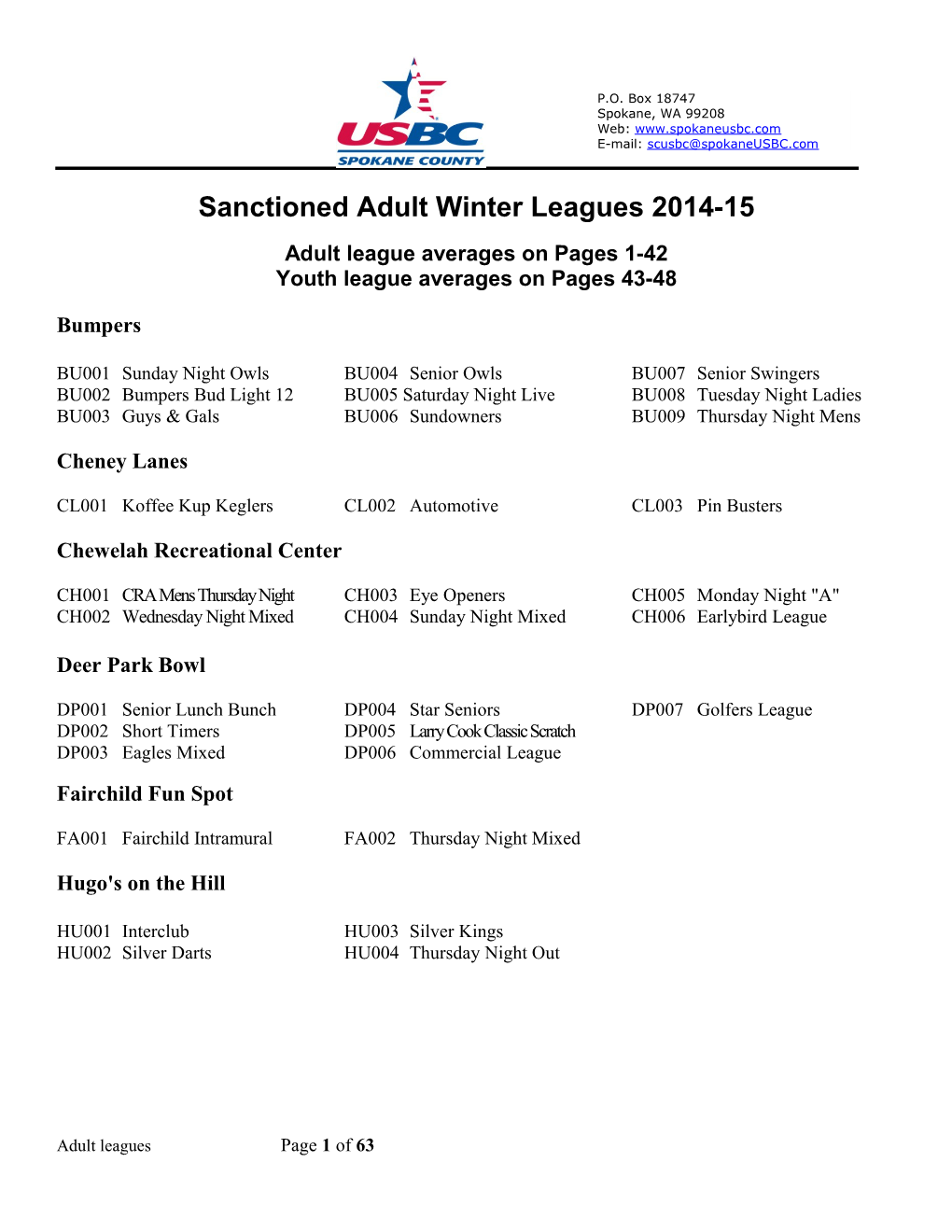 Sanctioned Adult Winter Leagues 2014-15