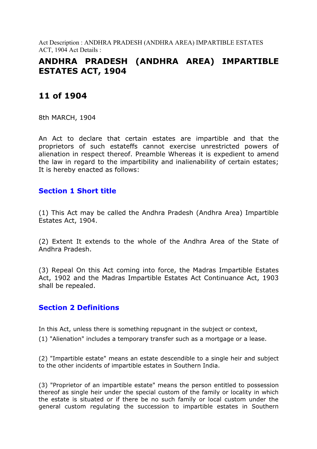 Andhra Pradesh (Andhra Area) Impartible Estates Act, 1904