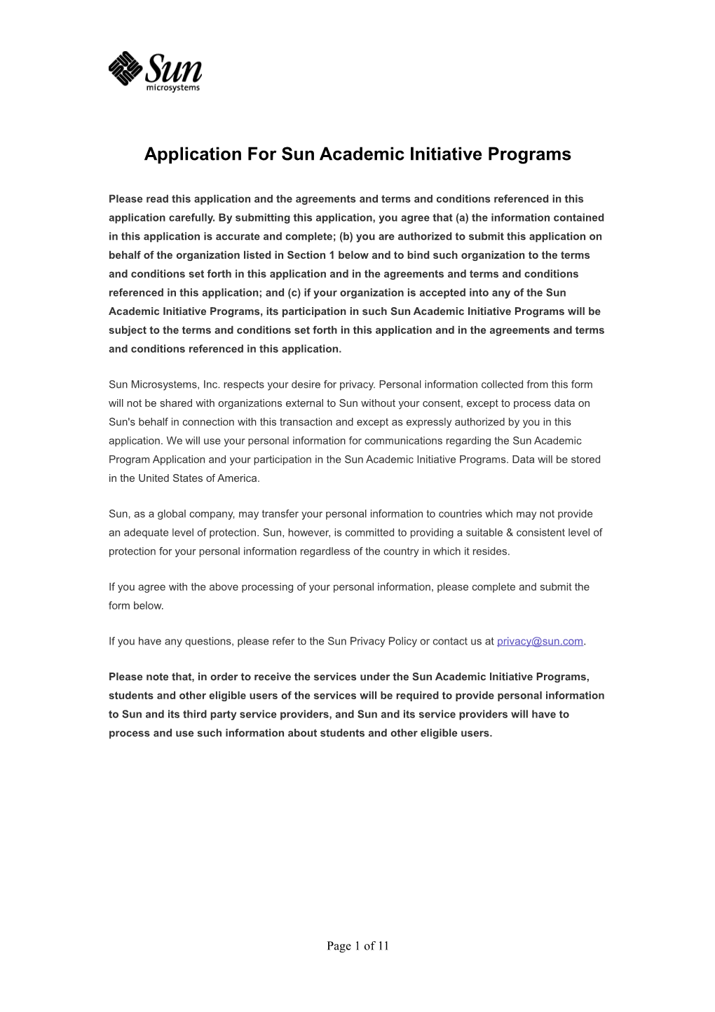 Application for Sun Academic Initiative Programs