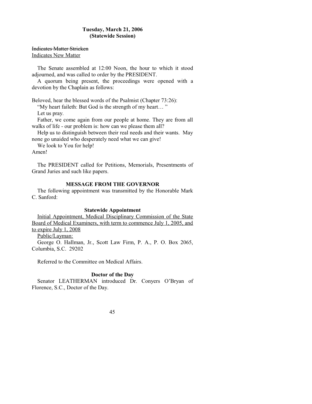 Senate Journal for Mar. 21, 2006 - South Carolina Legislature Online