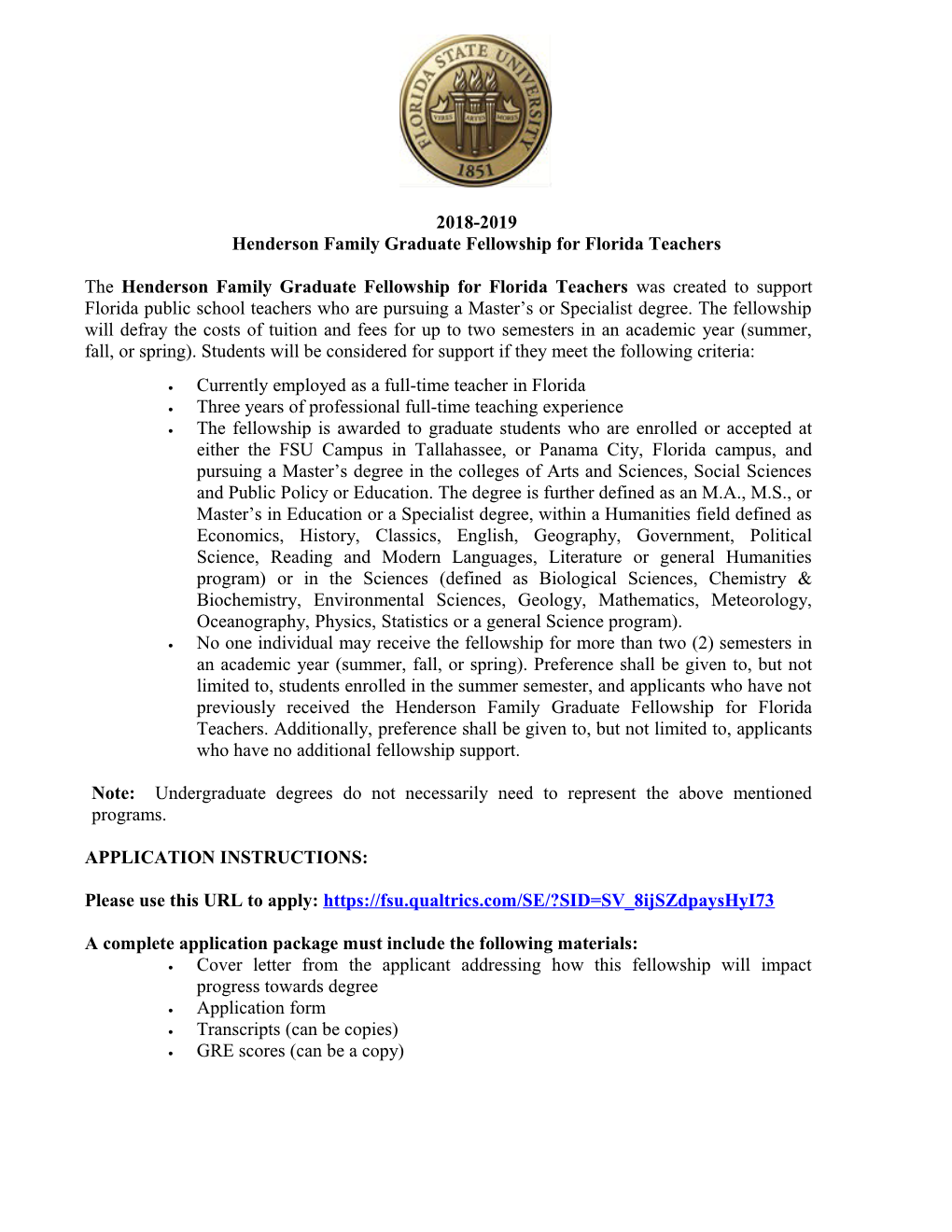 Henderson Family Graduate Fellowship for Florida Teachers