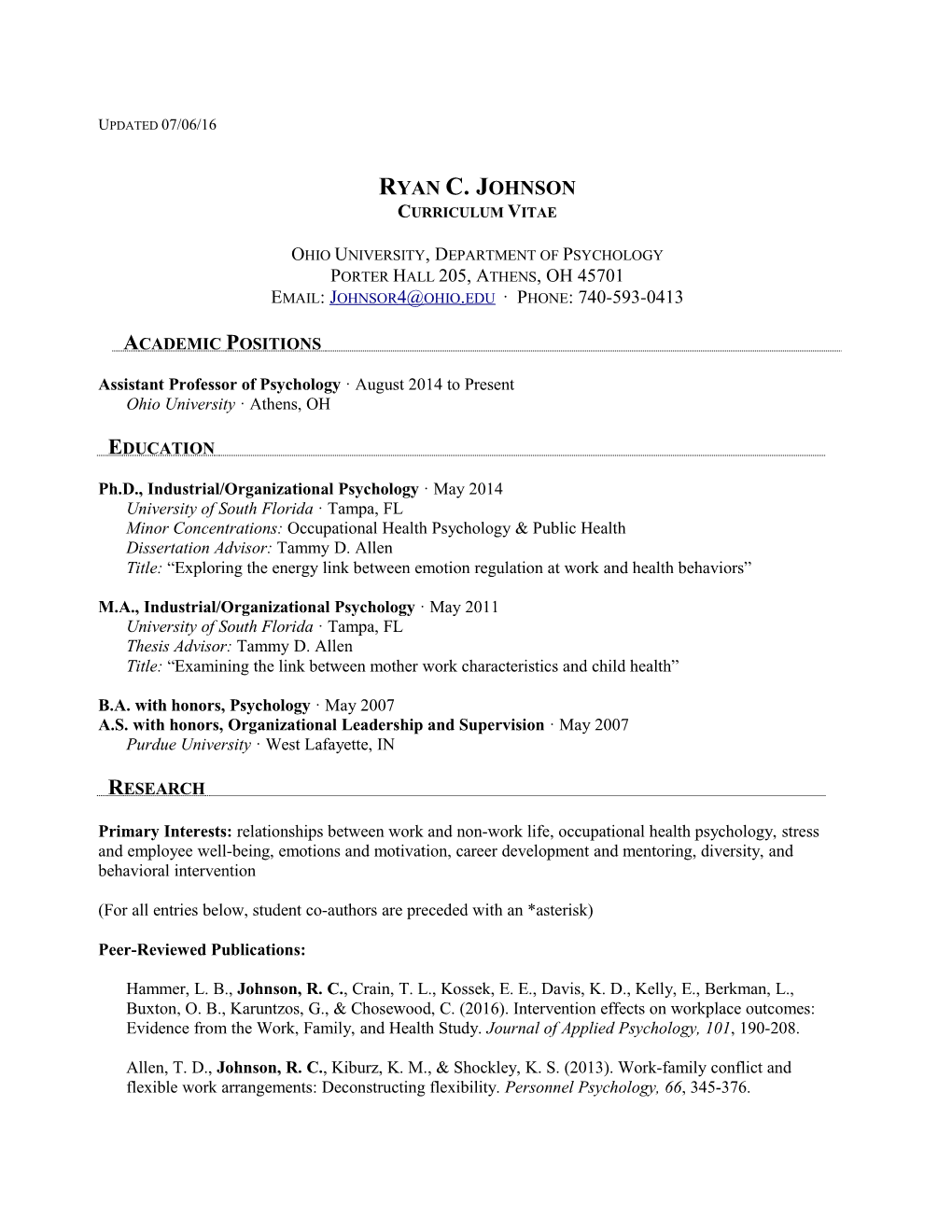 CV for Dr. Ryan Johnson