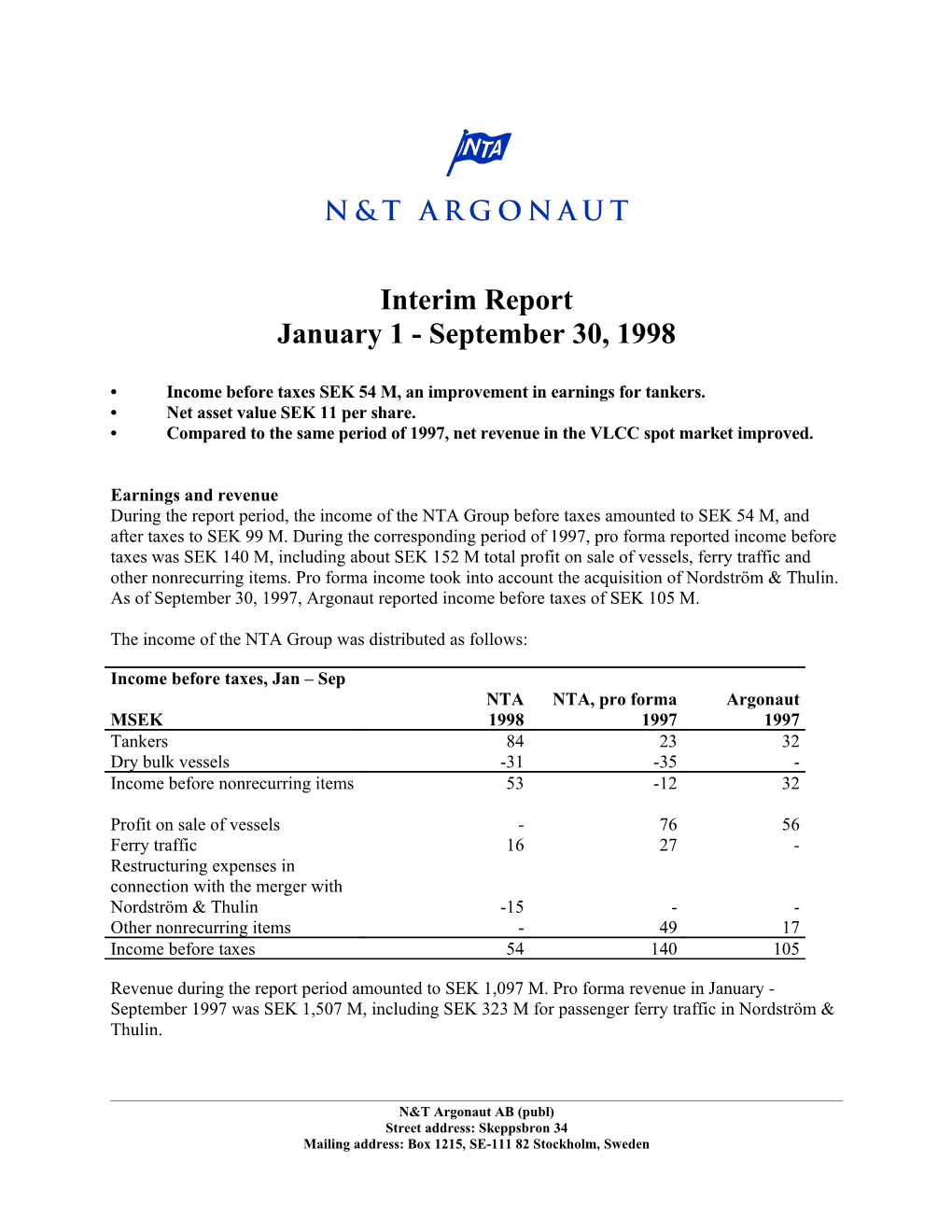 Income Before Taxes SEK 54 M, an Improvement in Earnings for Tankers