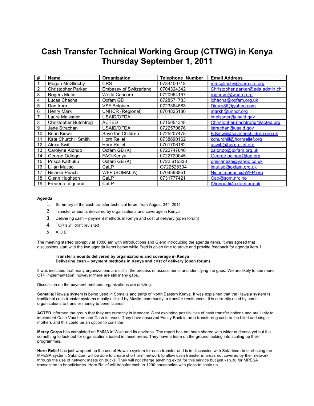 Cash Transfer Technical Working Group (CTTWG) in Kenya