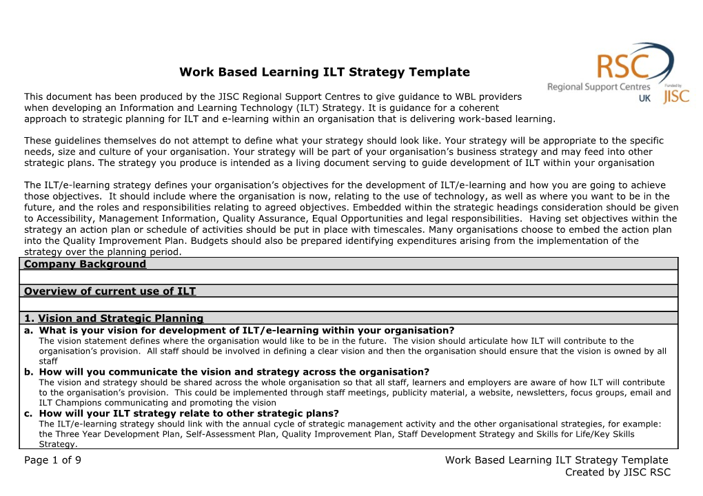 Work Based Learning ILT Strategy Template