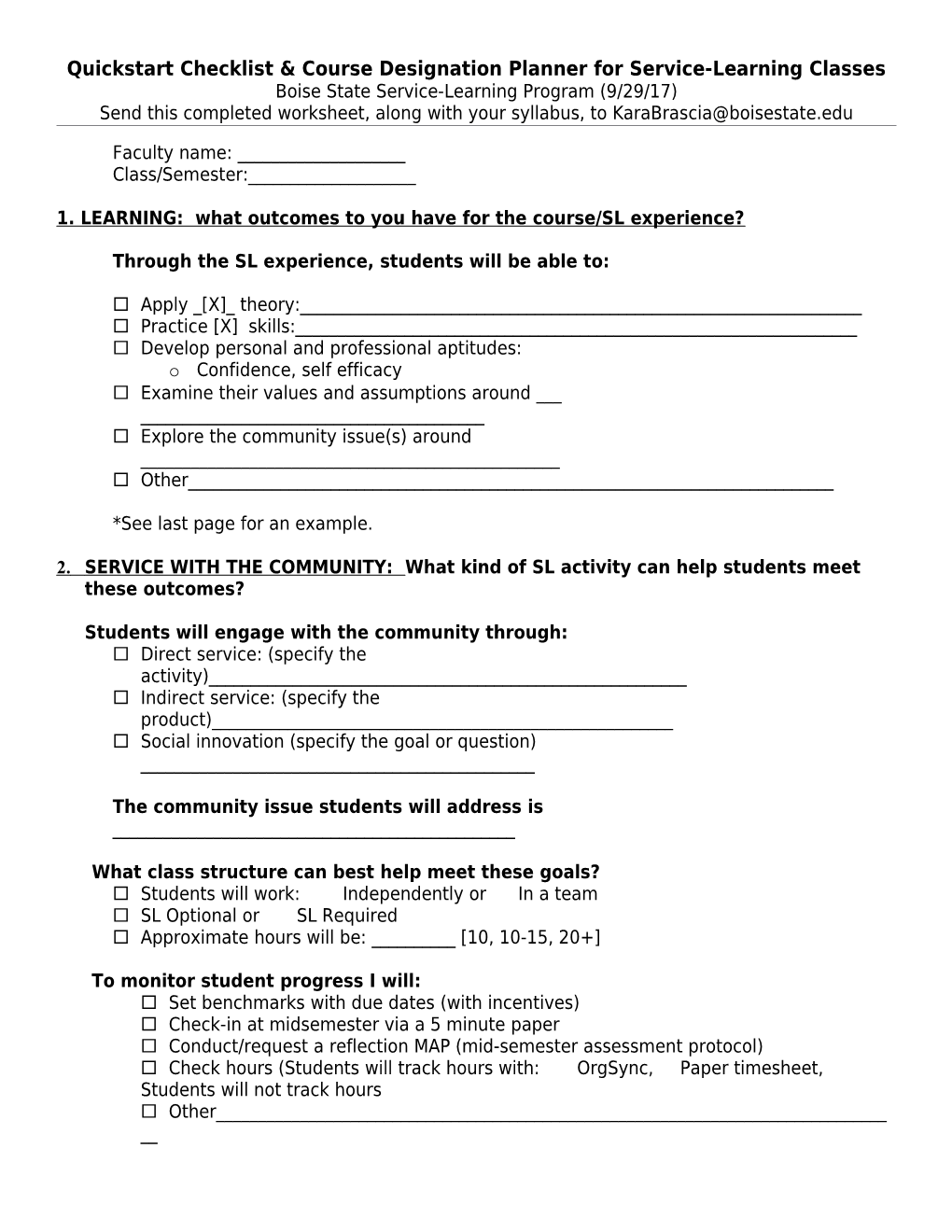 Quickstartchecklist & Course Designation Plannerfor Service-Learning Classes Boise State