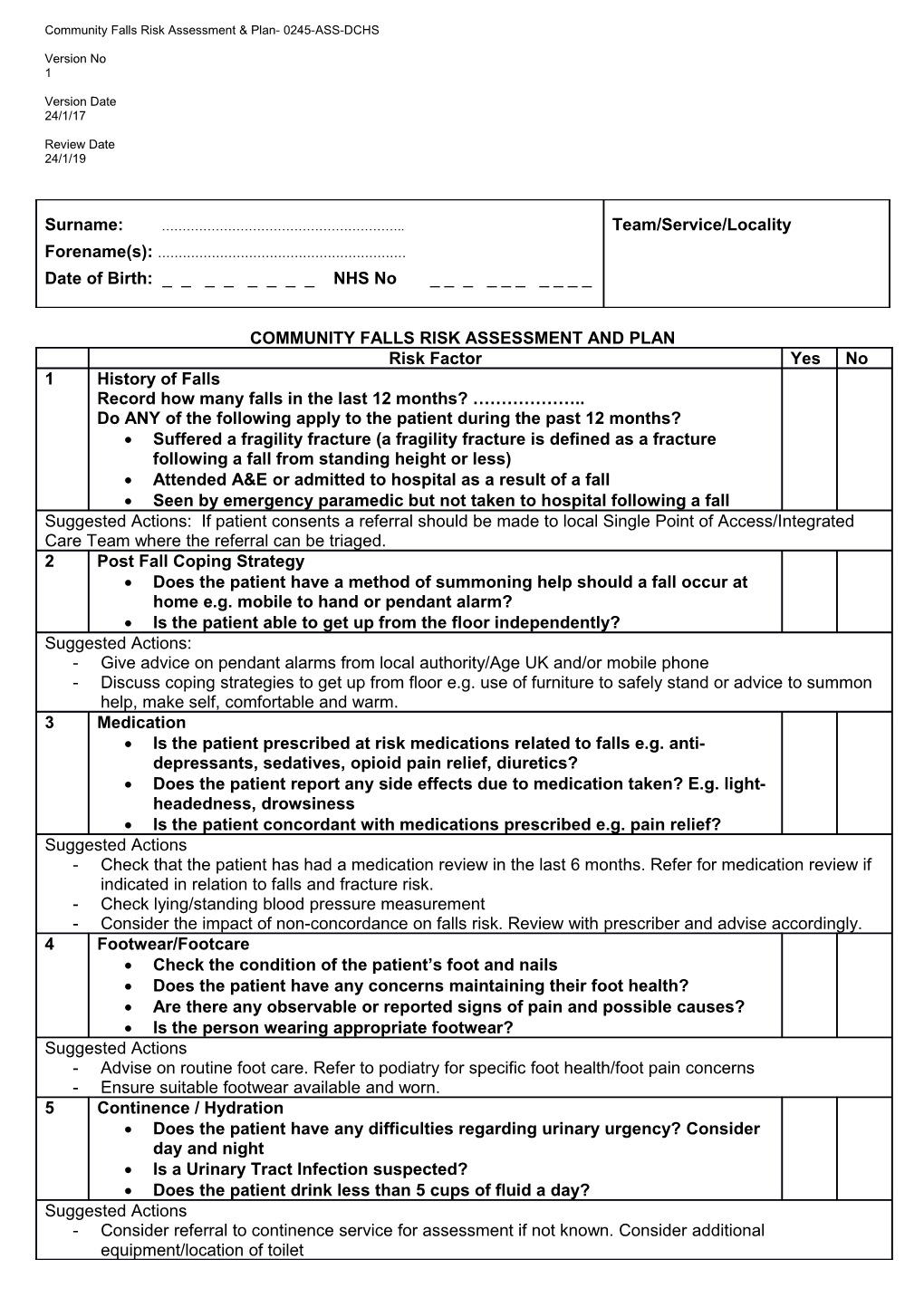 Community Falls Risk Assessment and Plan