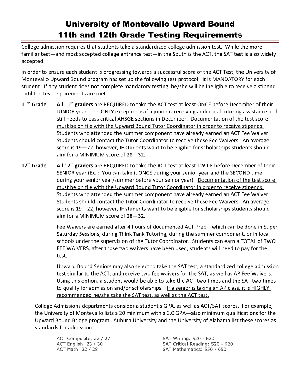 University of Montevallo Upward Bound 11Th and 12Th Grade Testing Requirements