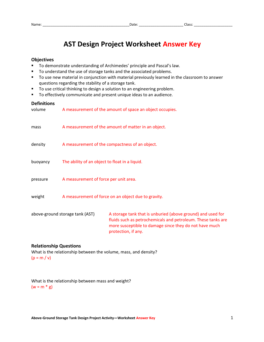 AST Design Project Worksheetanswer Key