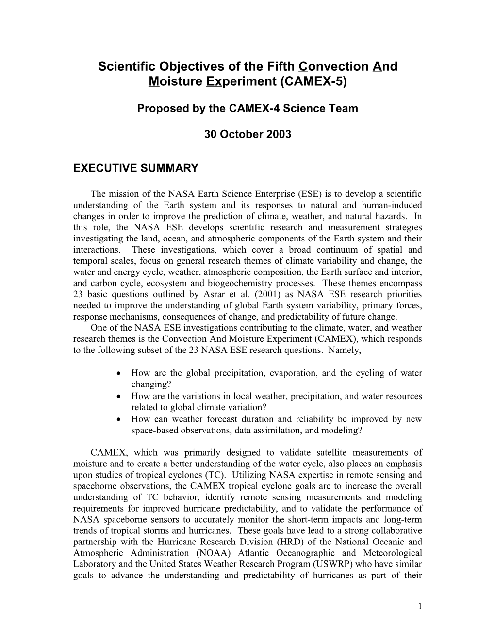 Scientific Objectives of the Fifth Convection and Moisture Experiment (CAMEX-5)