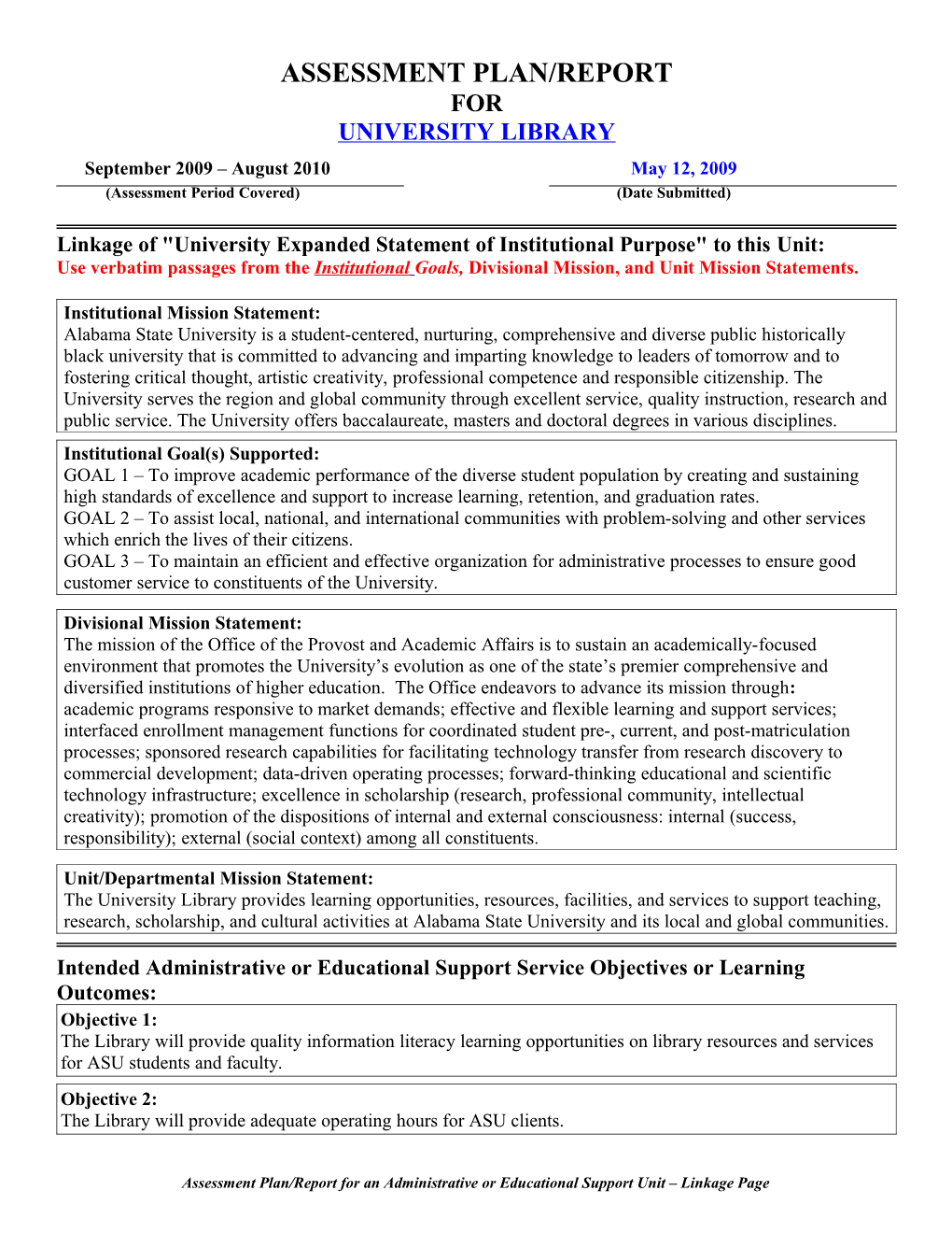 Assessment Plan/Report