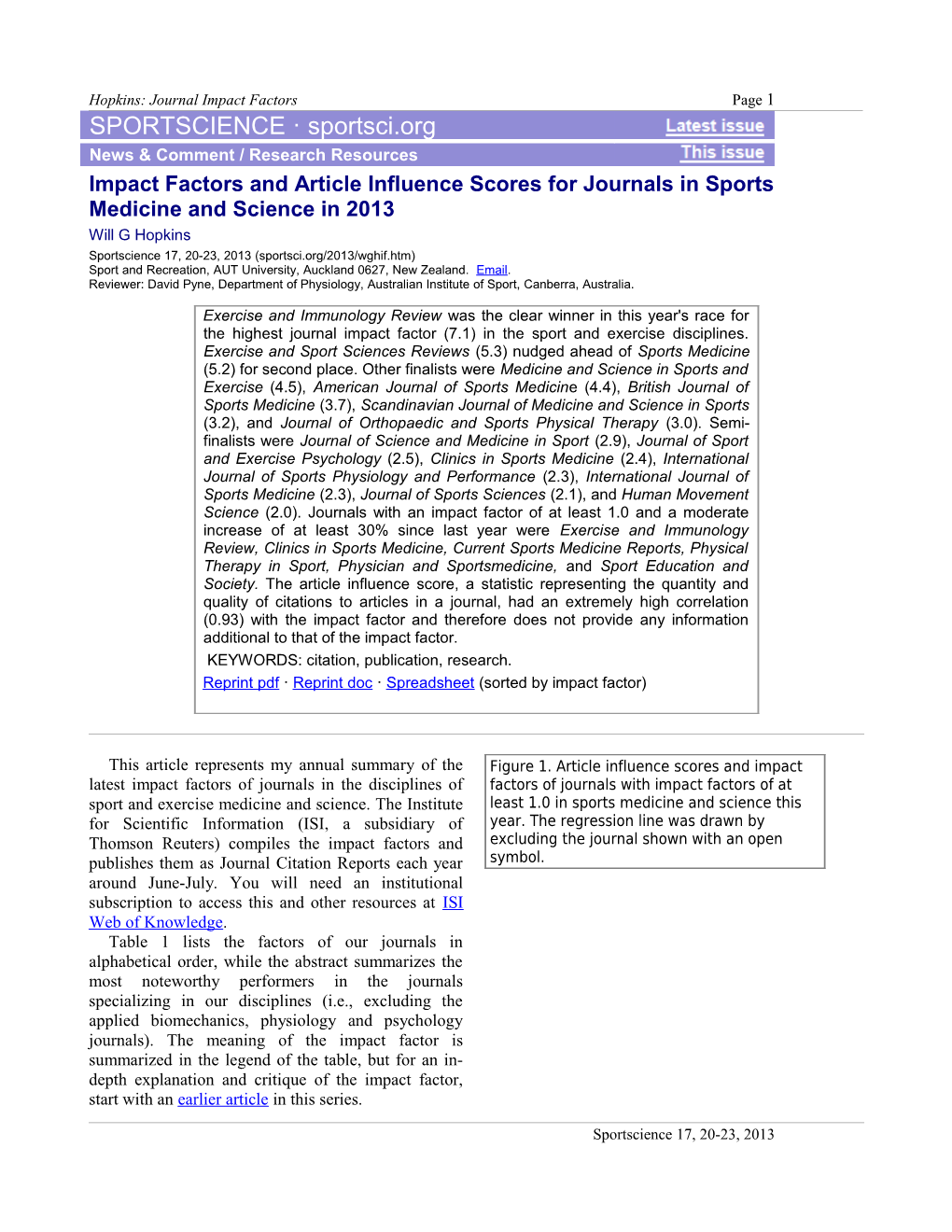 Impact Factors and Article Influence Scores for Journals in Sports Medicine and Science in 2013