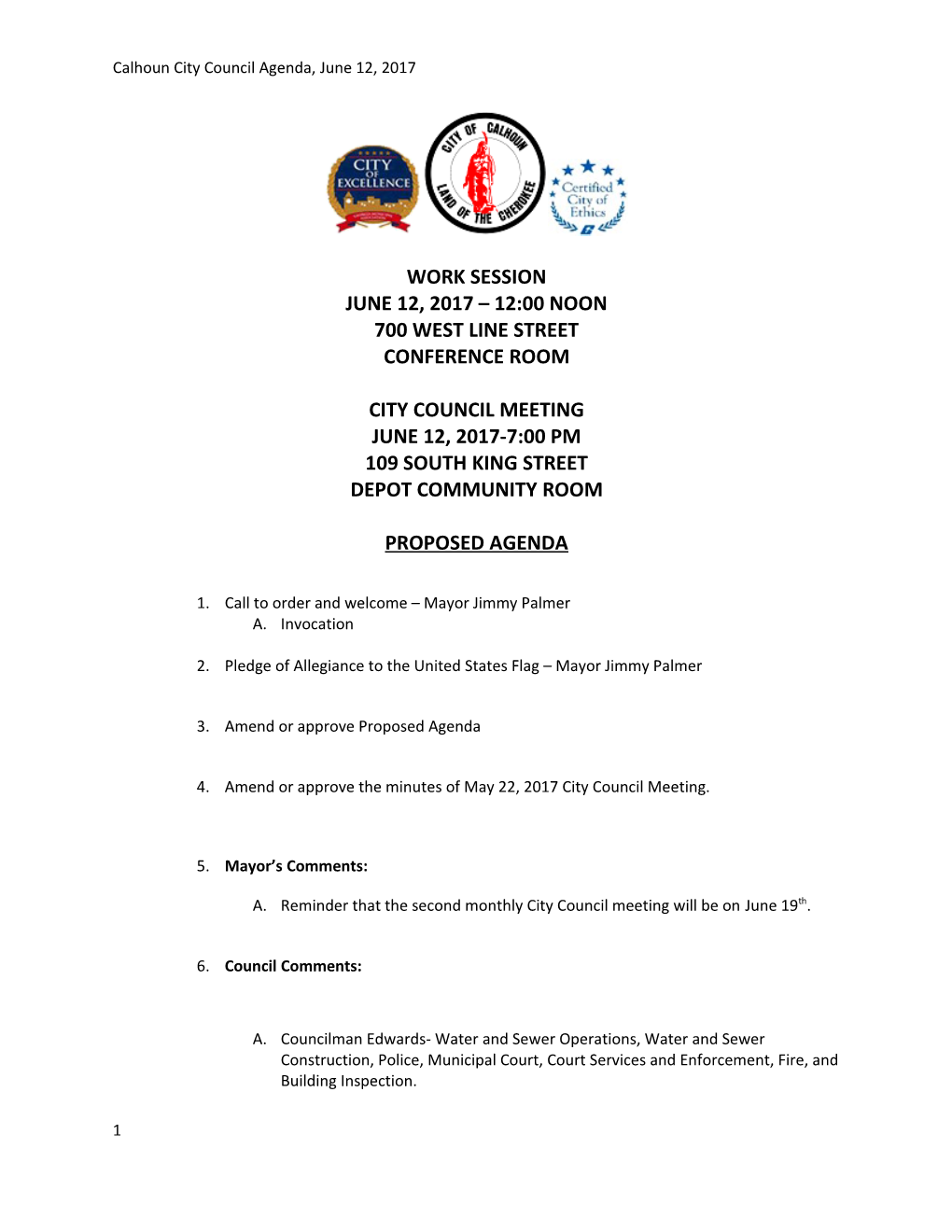 Calhoun City Council Agenda, June 12, 2017