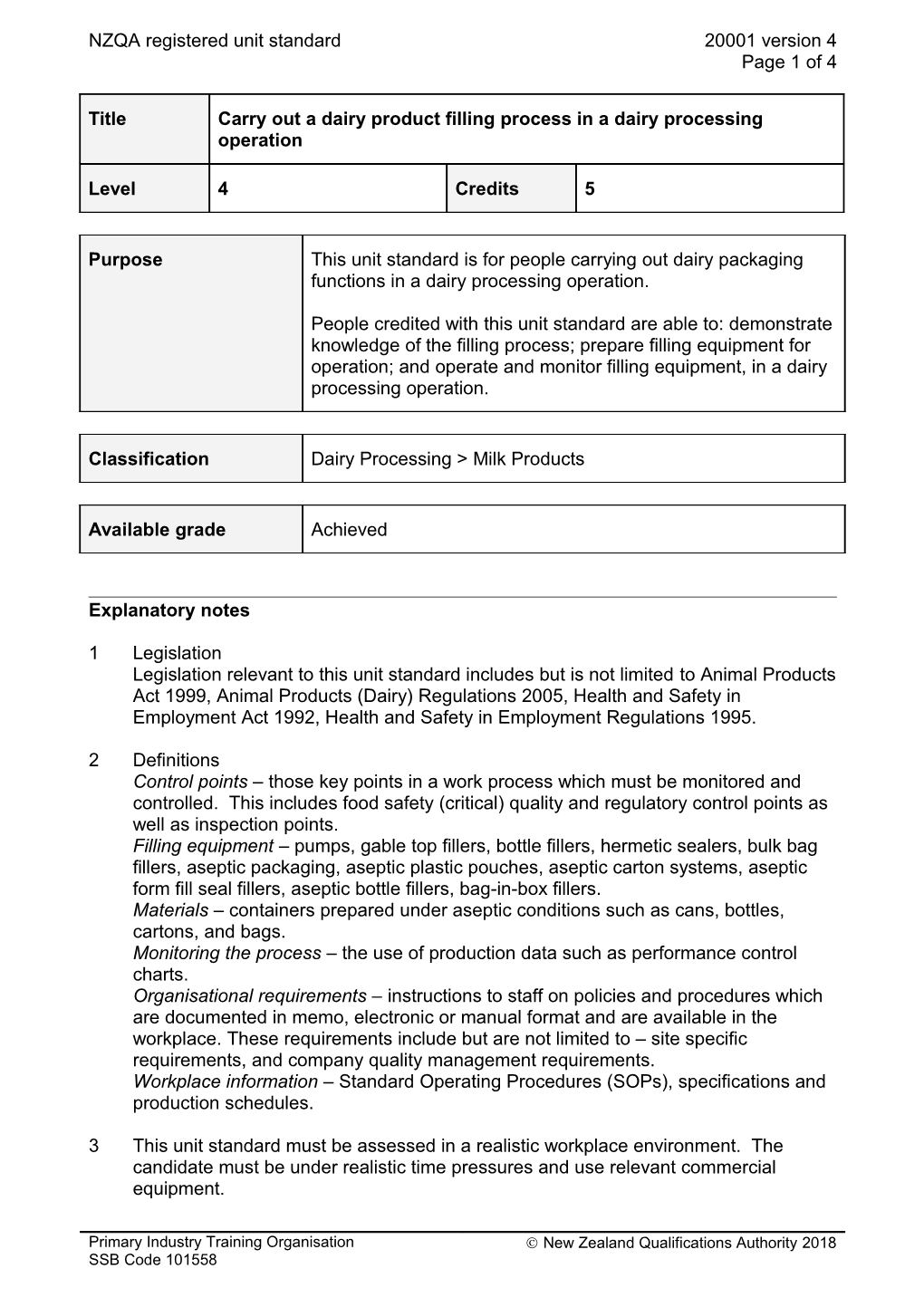 20001 Carry out a Dairy Product Filling Process in a Dairy Processing Operation