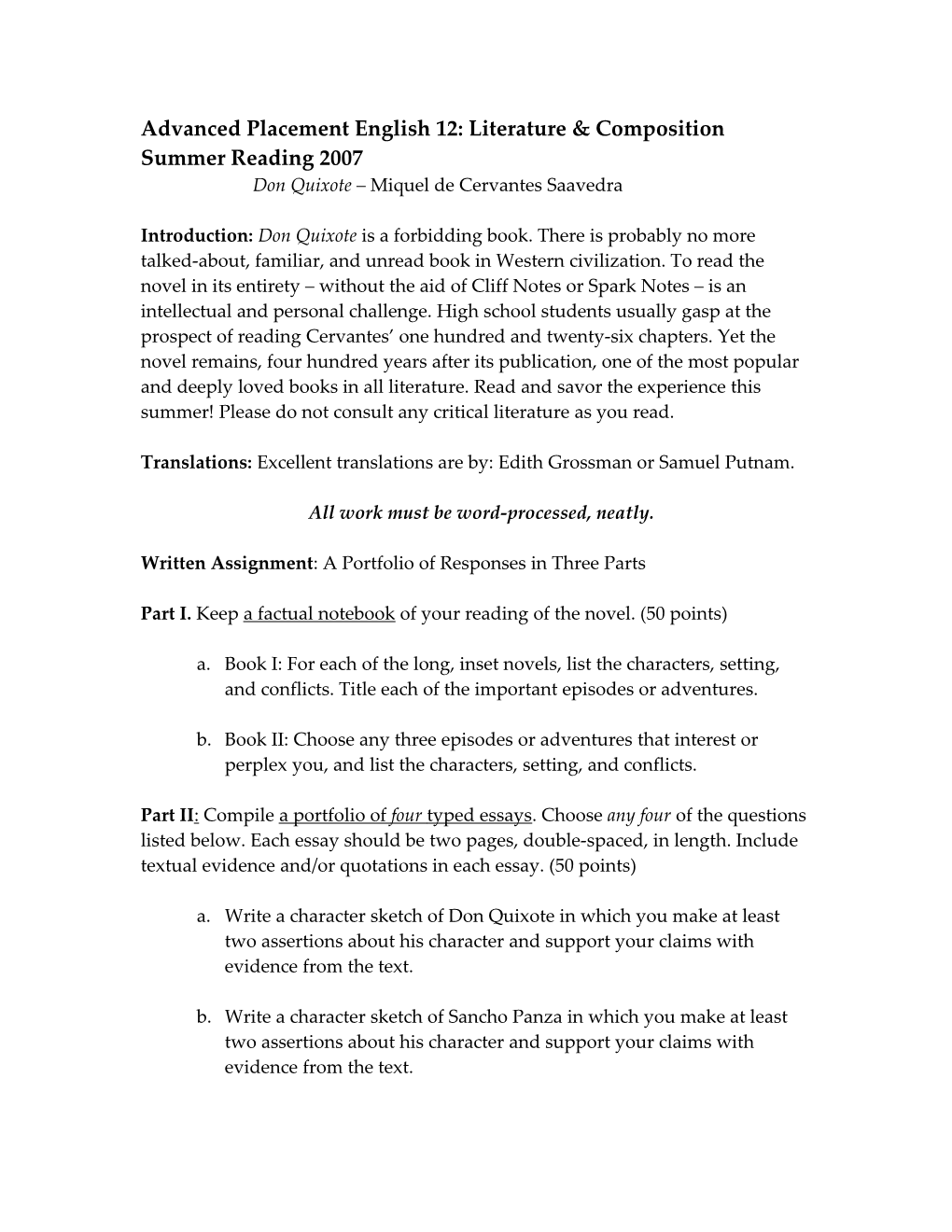 Advanced Placement English 12: Literature & Composition Summer Reading 2007