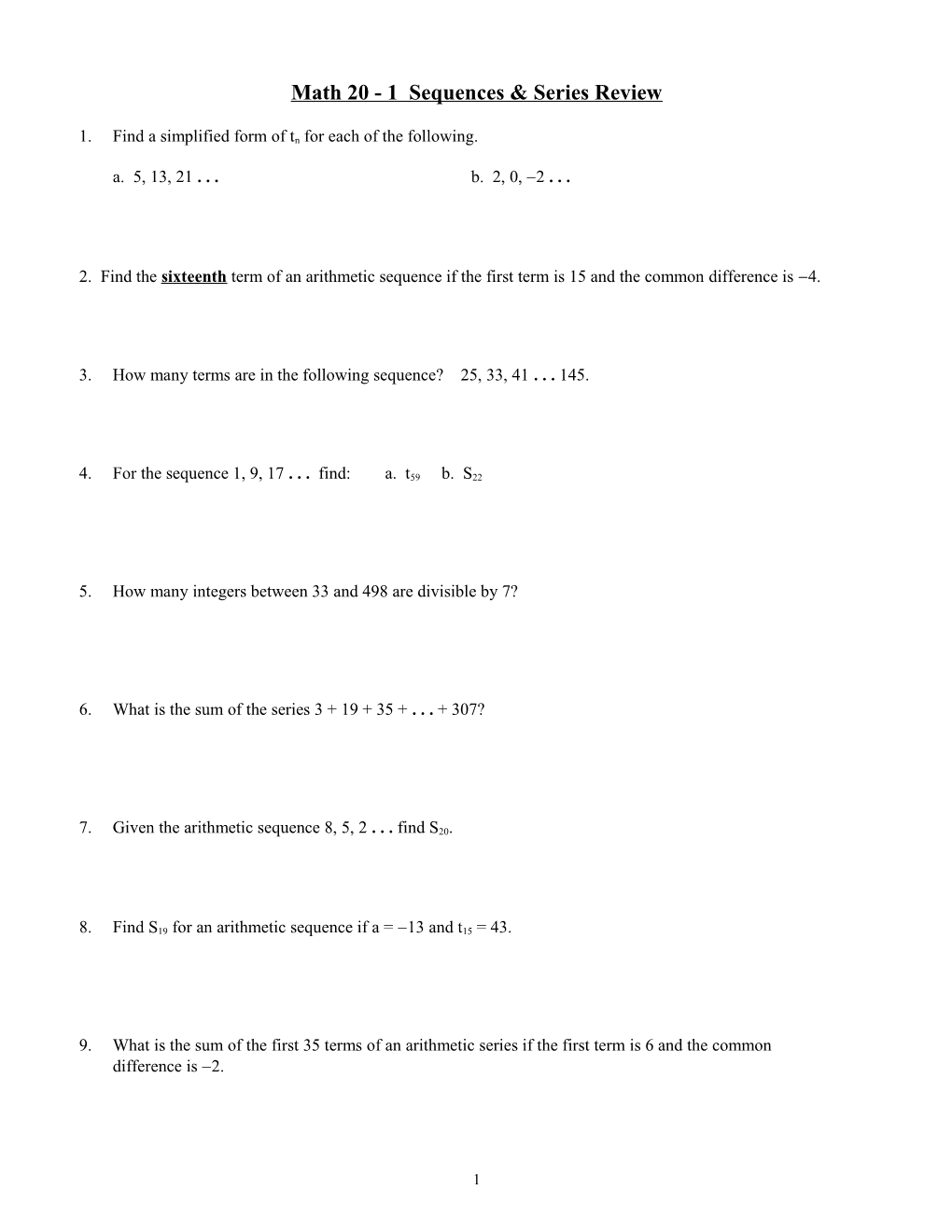 Math 10P Number Patterns Review Name ______