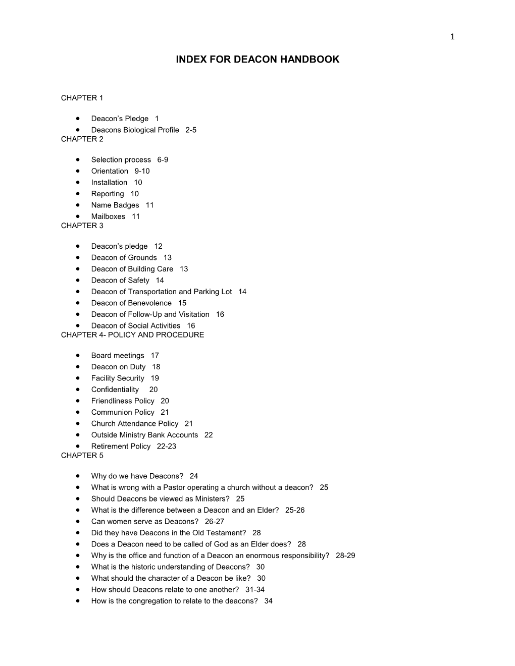 Index for Deacon Handbook