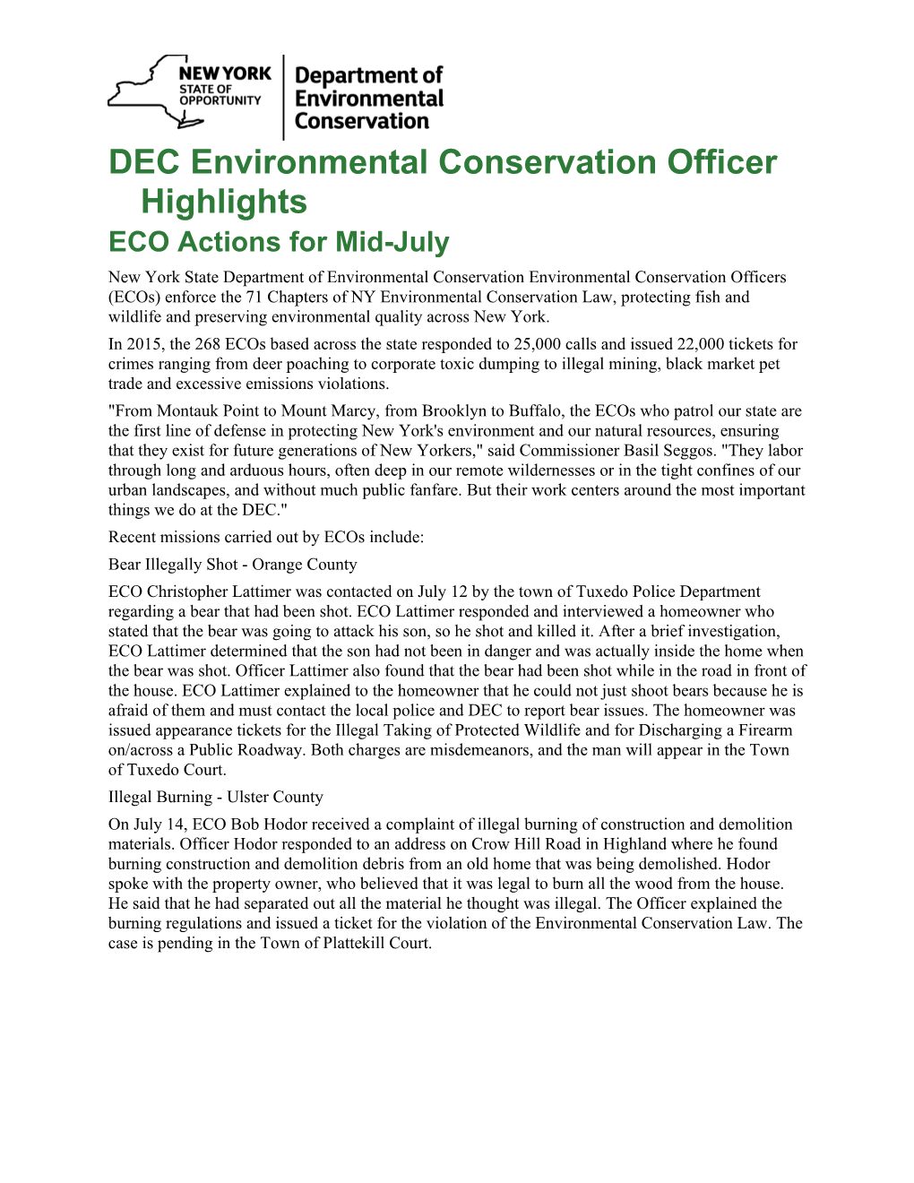 DEC Environmental Conservation Officer Highlights