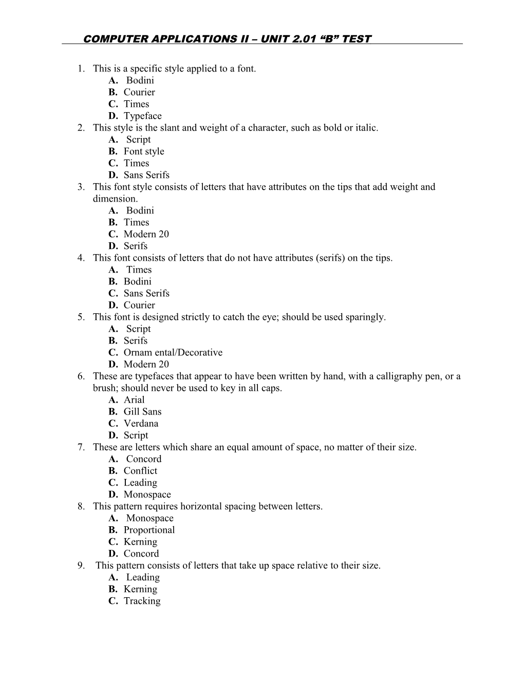 Computer Applications Ii Unit 2.01 B Test