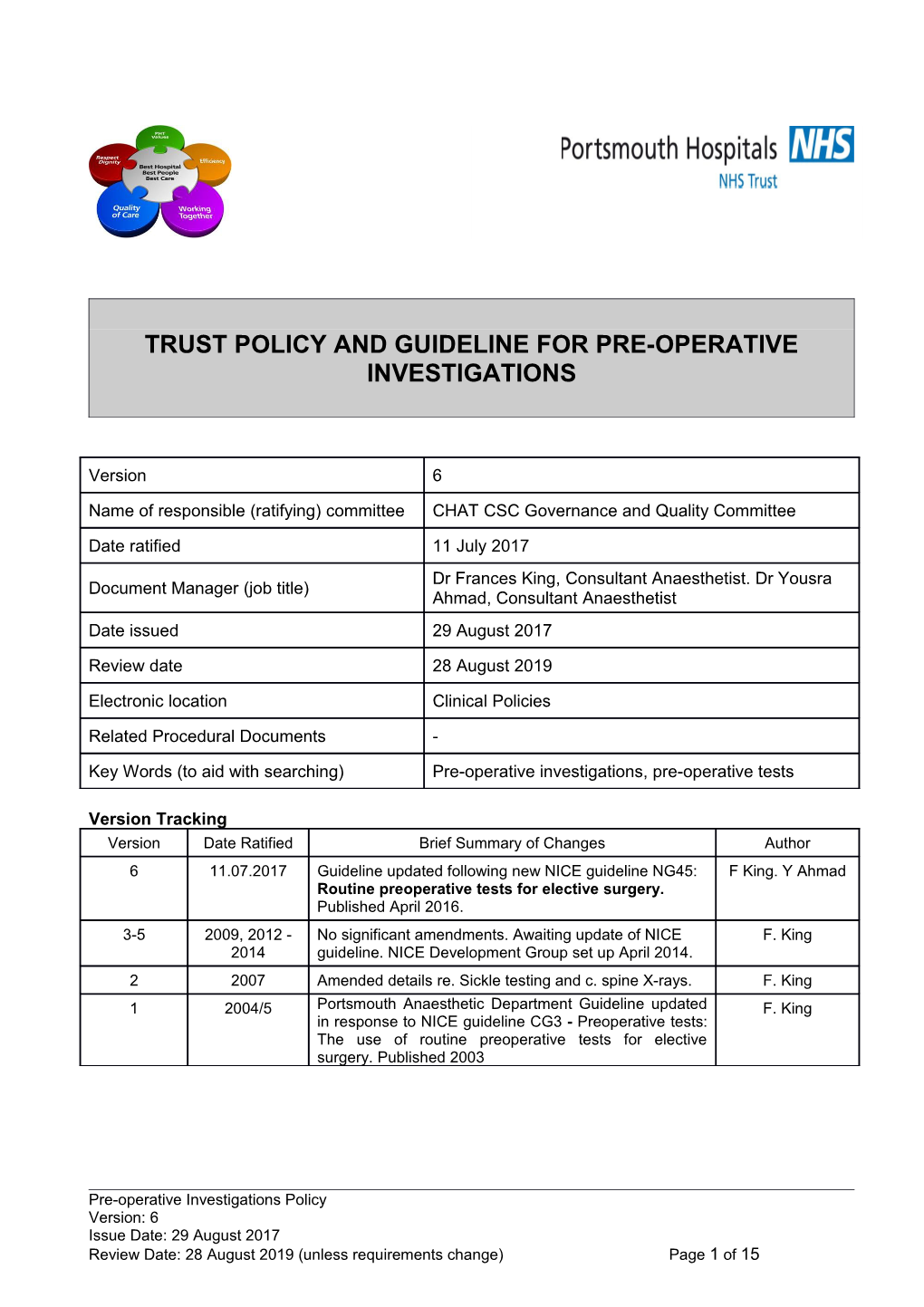 Trust Policy and Guideline for Pre-Operative Investigations