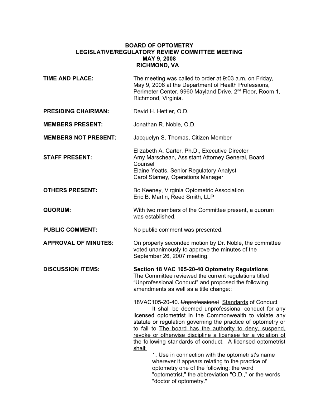Board of Optometry Legislative/Regulatory Review Committee Minutes 5-9-2008
