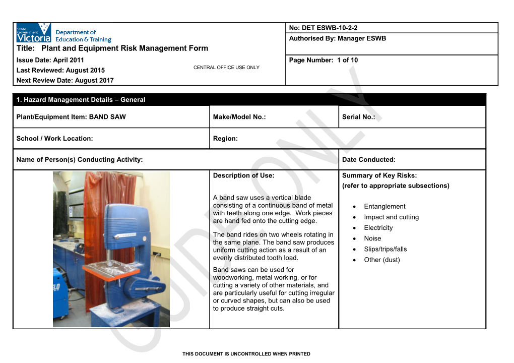 Plant and Equipment Risk Management Form - Band Saw