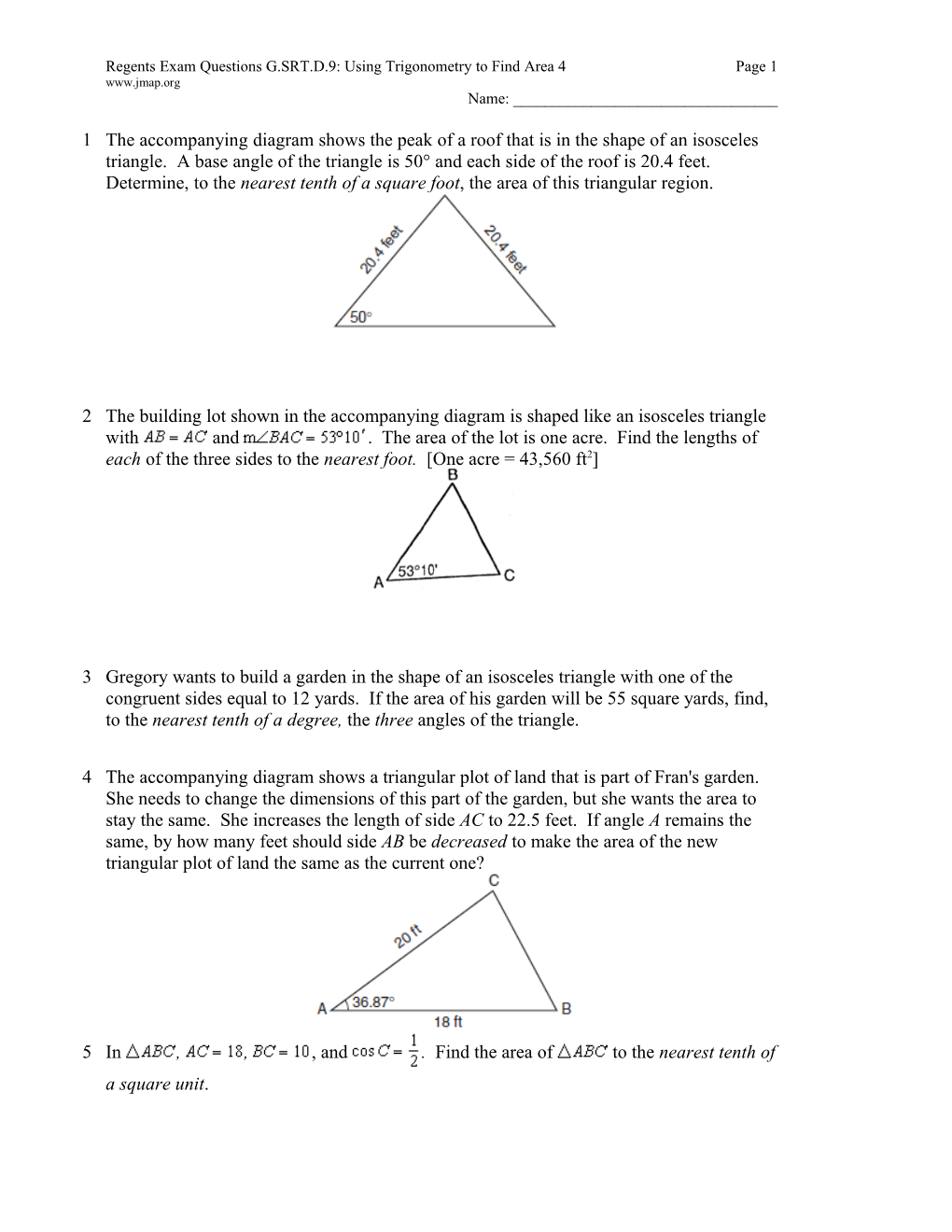 Regents Exam Questions G.SRT.D.9: Using Trigonometry to Find Area 4Page 1