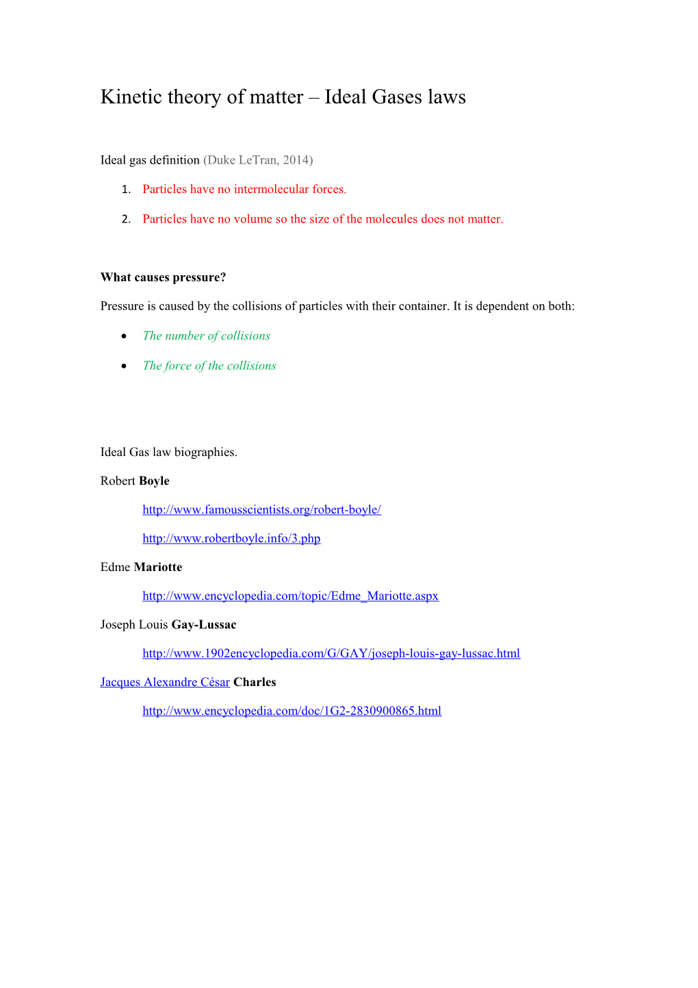 Kinetic Theory of Matter Ideal Gases Laws