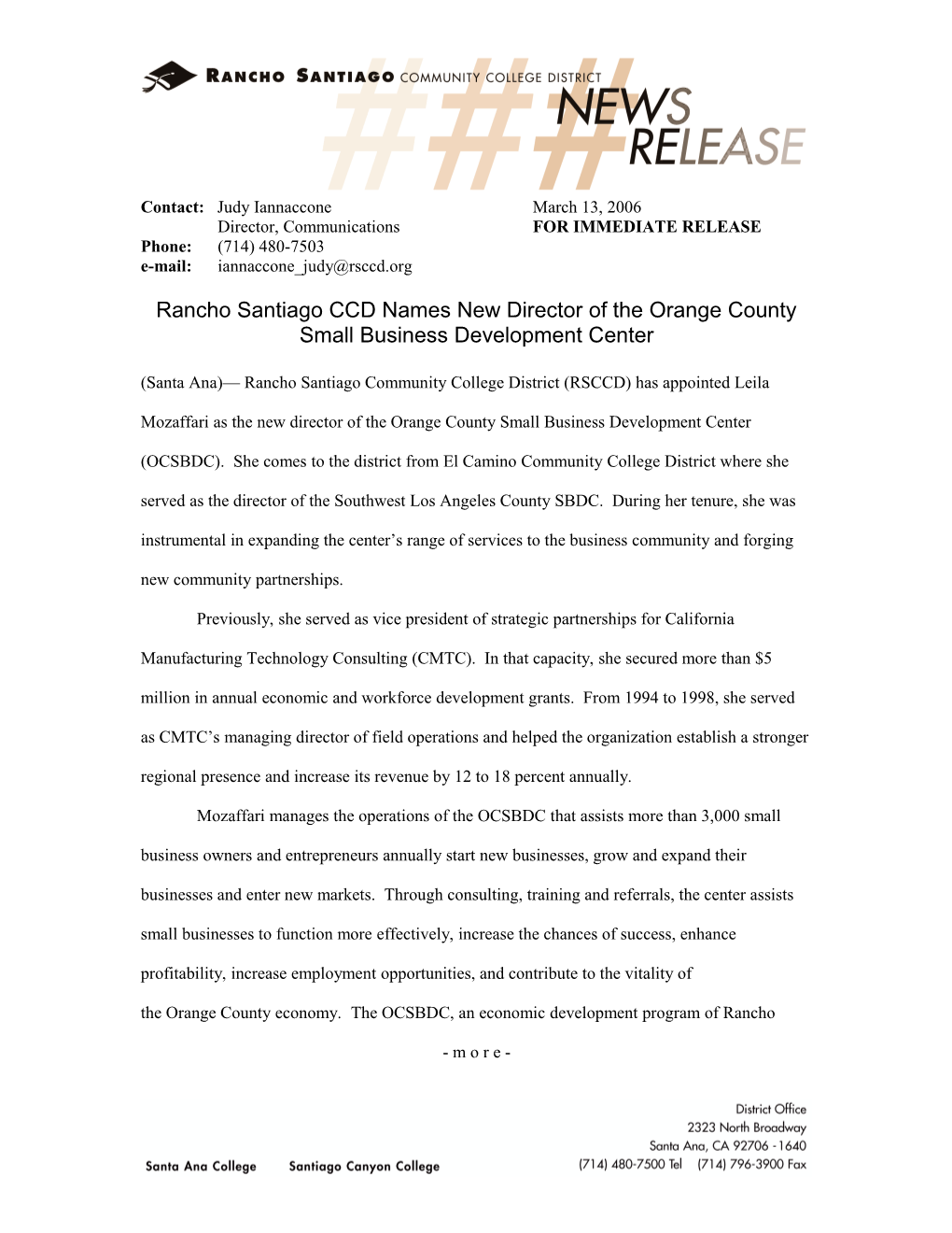 Rancho Santiago CCD Names New Director of the Orange County Small Business Development Center