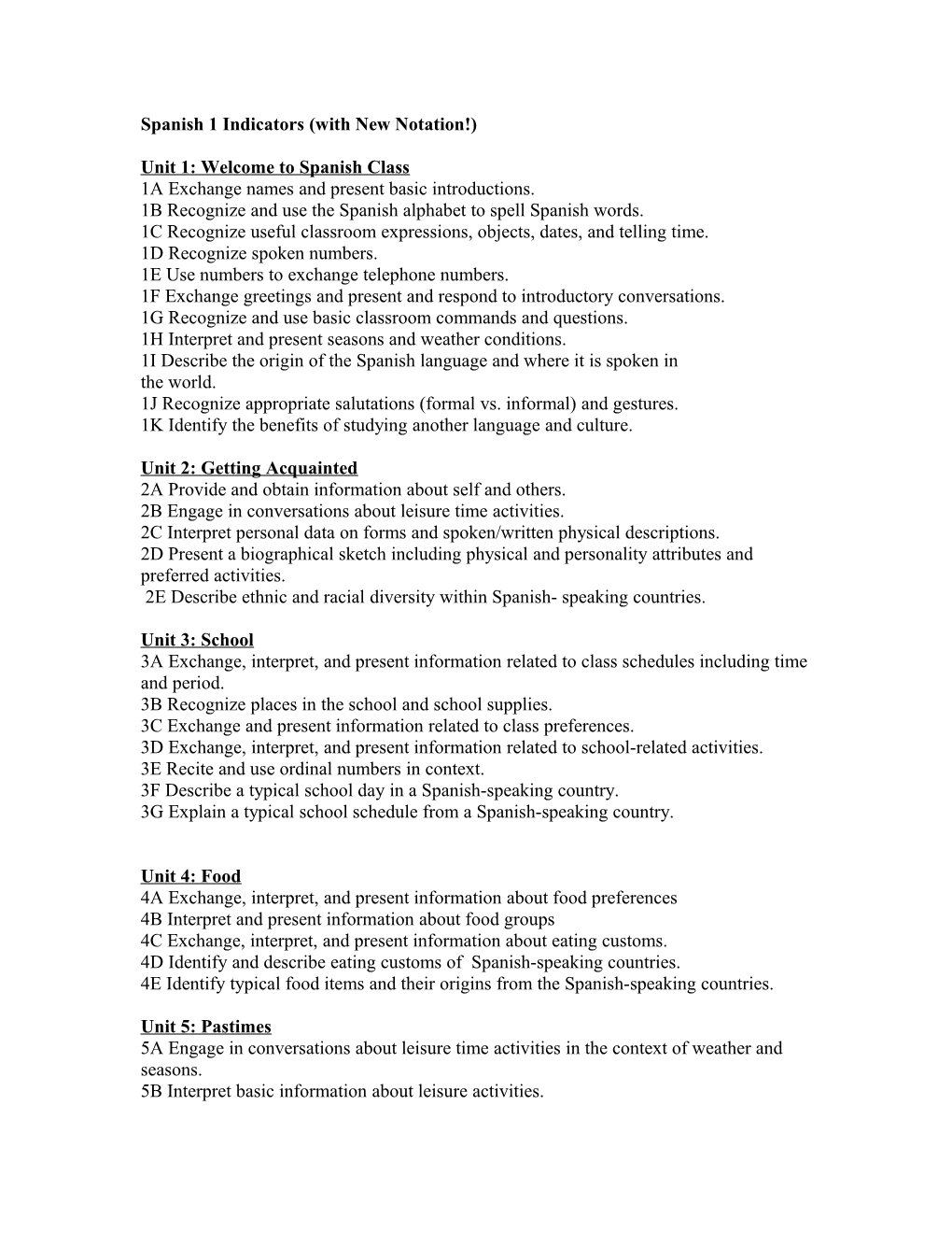 Spanish I Performance Indicators Aligned to Montgomery County