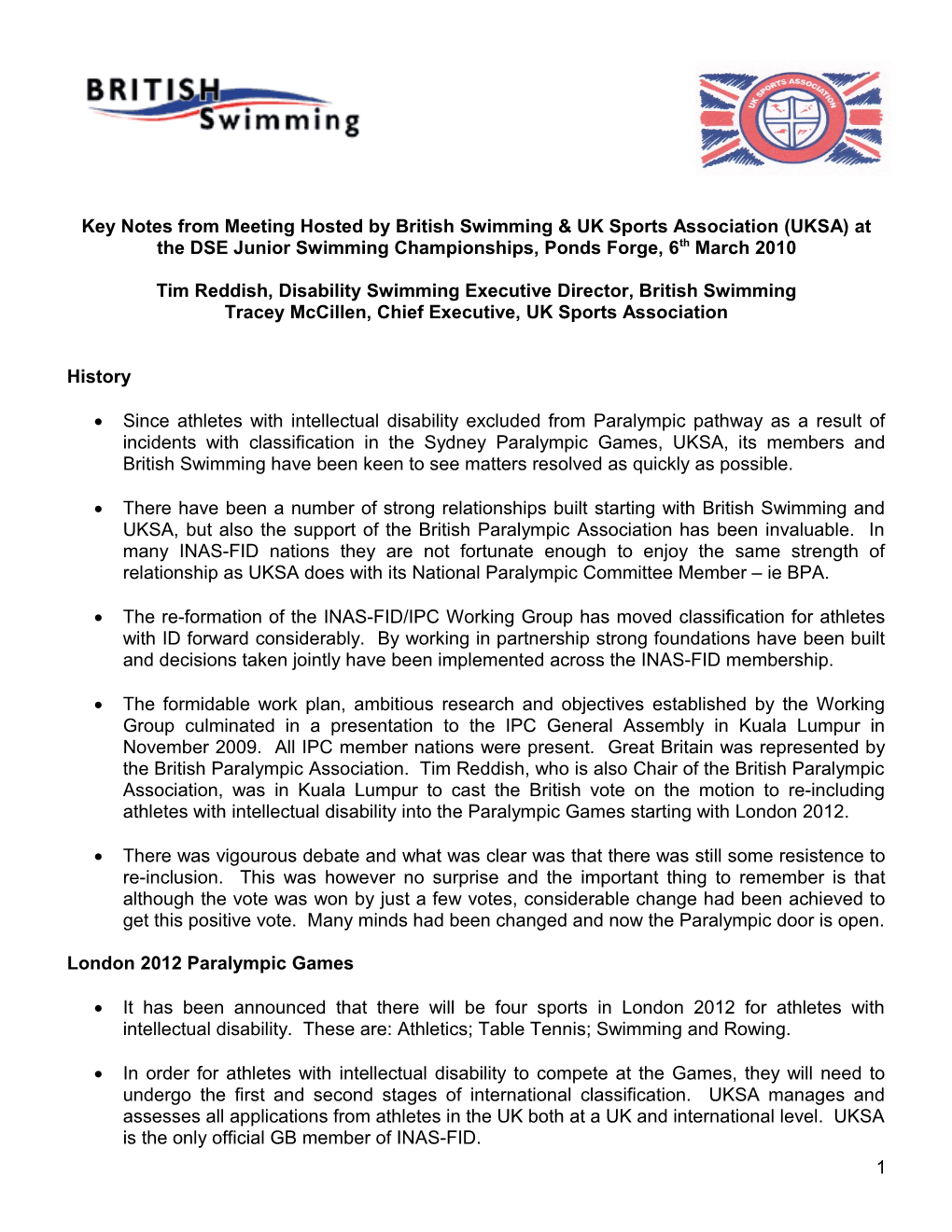 Key Notes from Meeting Hosted by British Swimming & UK Sports Association at the DSE Junior