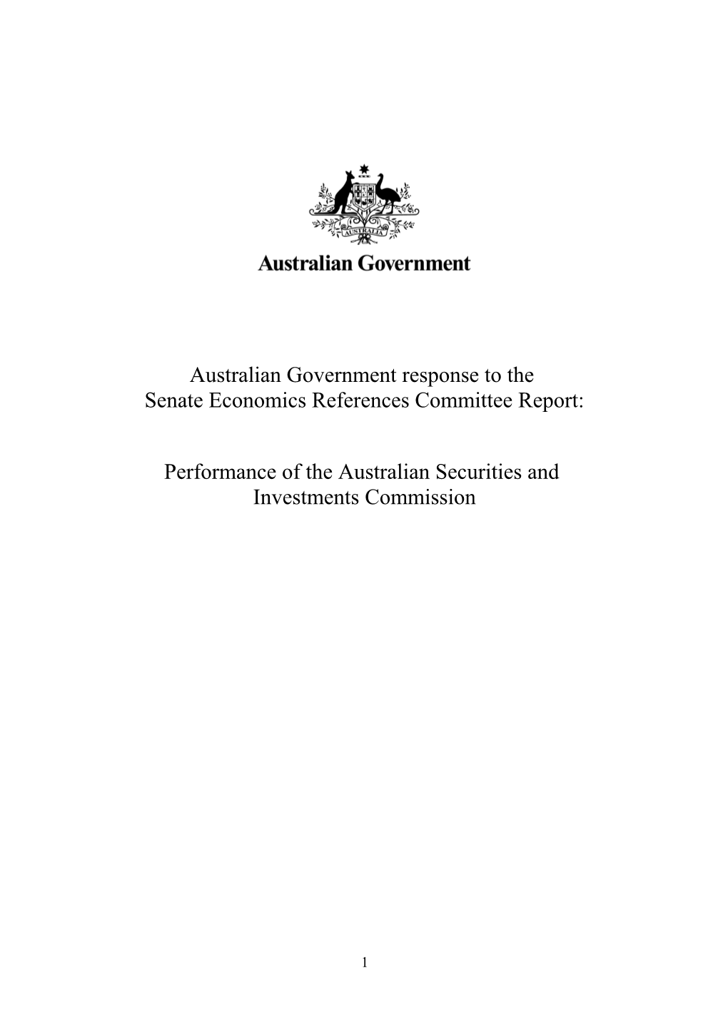 Government Response - Performance of the Australian Securities and Investments Commission