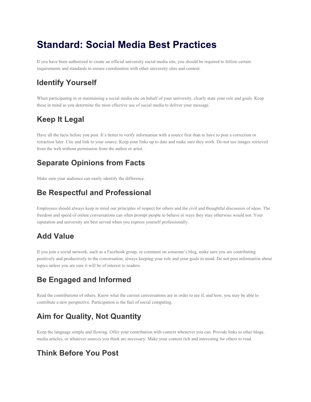 Standard: Social Media Best Practices