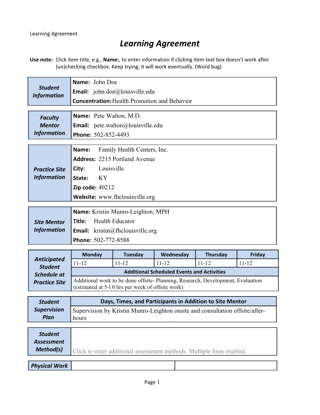 Learning Agreement Sample Using Form