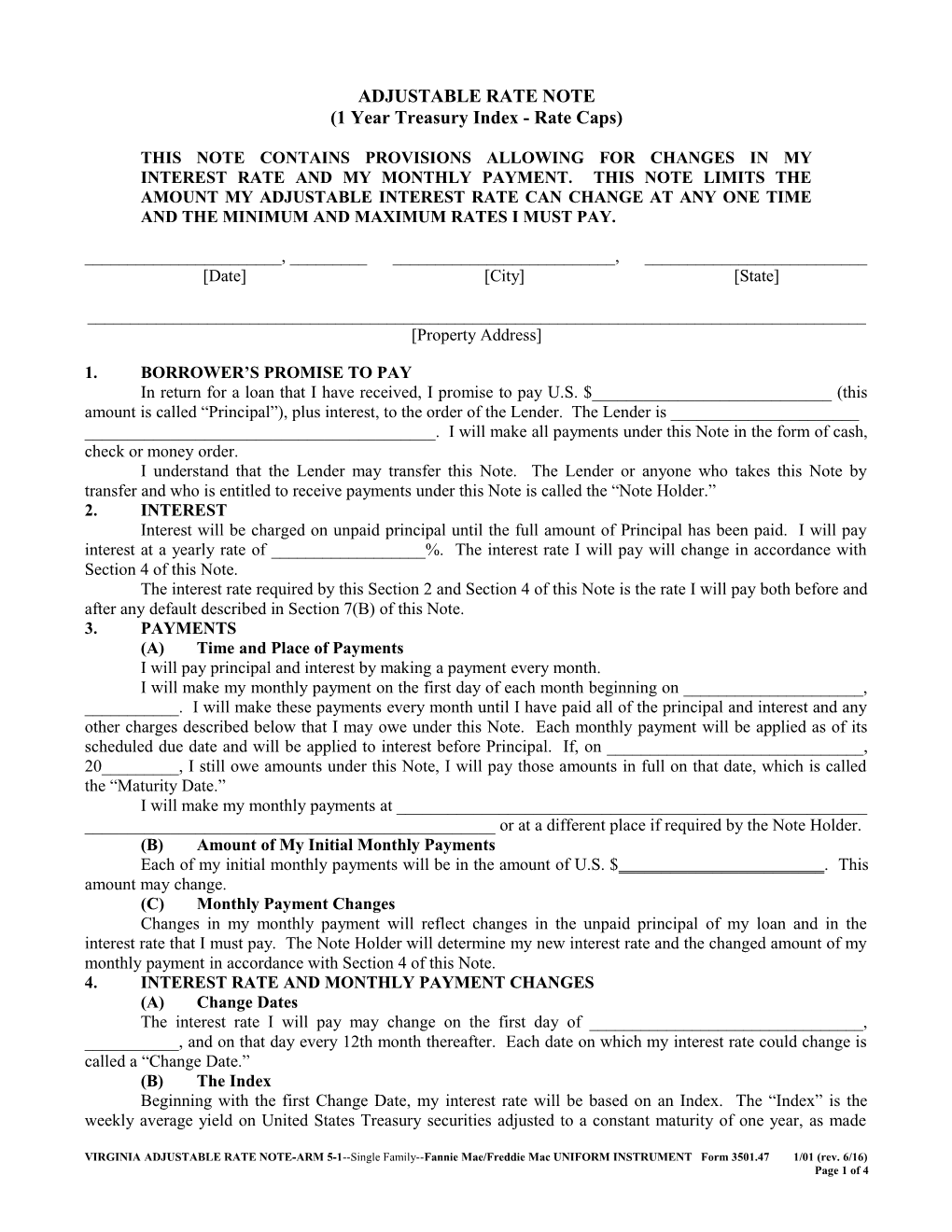 Virginia Adjustable Rate Note (1-Year Treasury)(Assumable LOL)(1% Rate Cap)