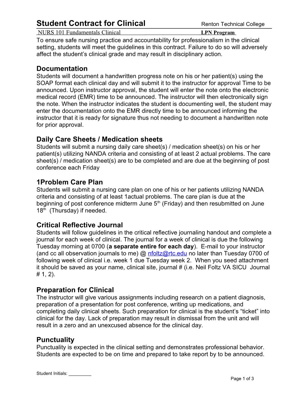Student Contract for VA Clinical