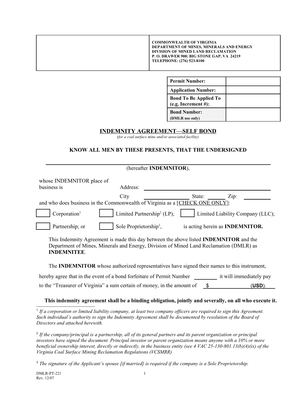 Indemnity Agreement Self Bond