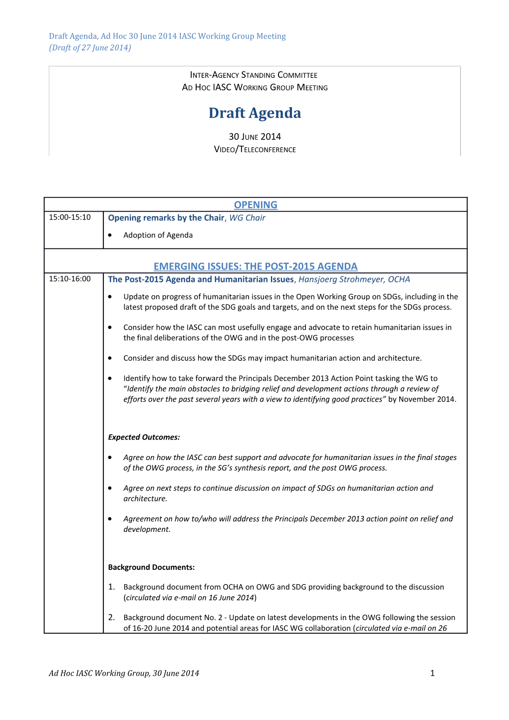 Draft Agenda, 86Th IASC Working Group Meeting