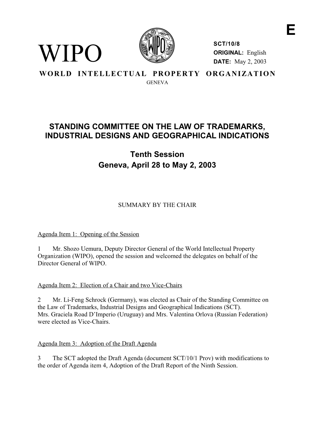 SCT/10/8: Summary by the Chair