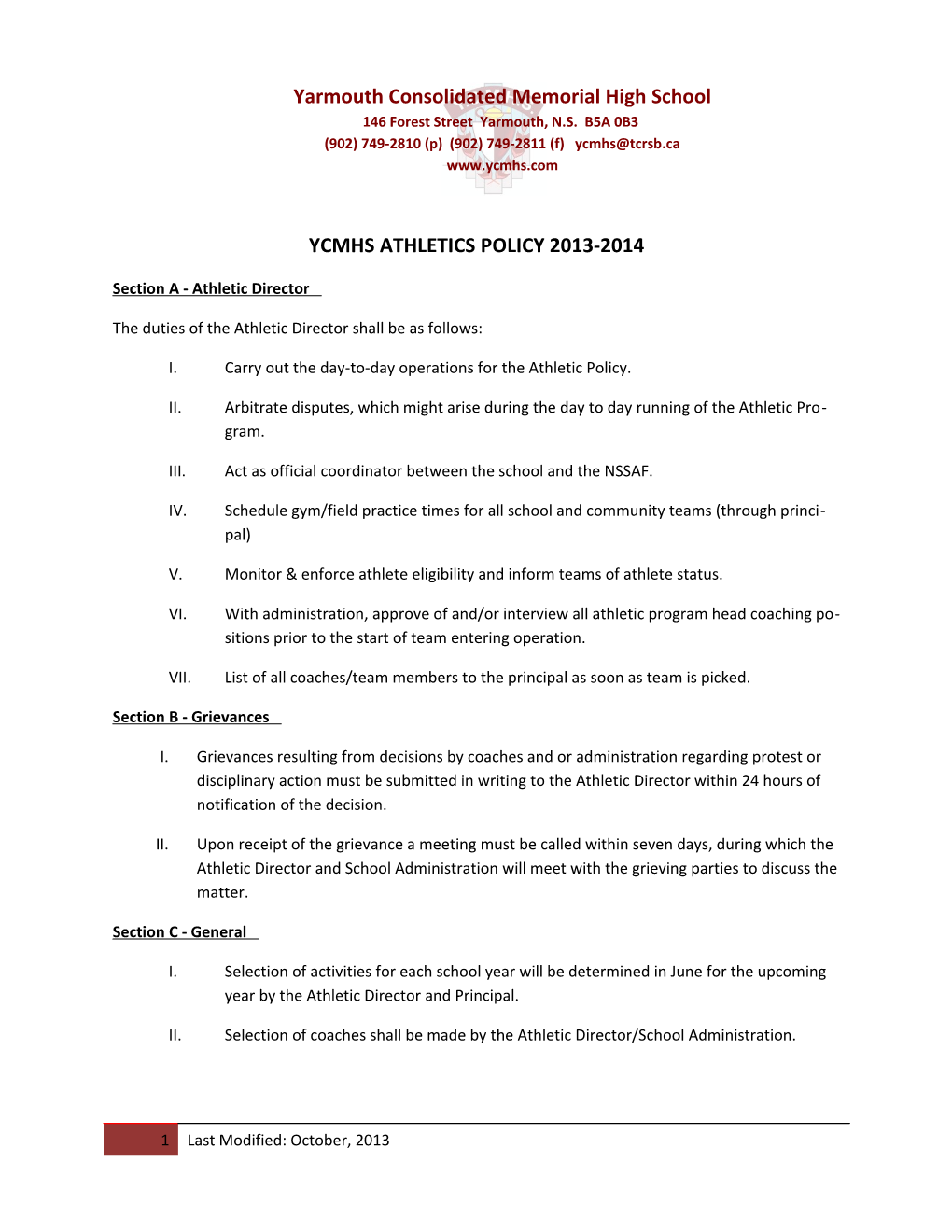 Ycmhs Athletics Policy 2013-2014